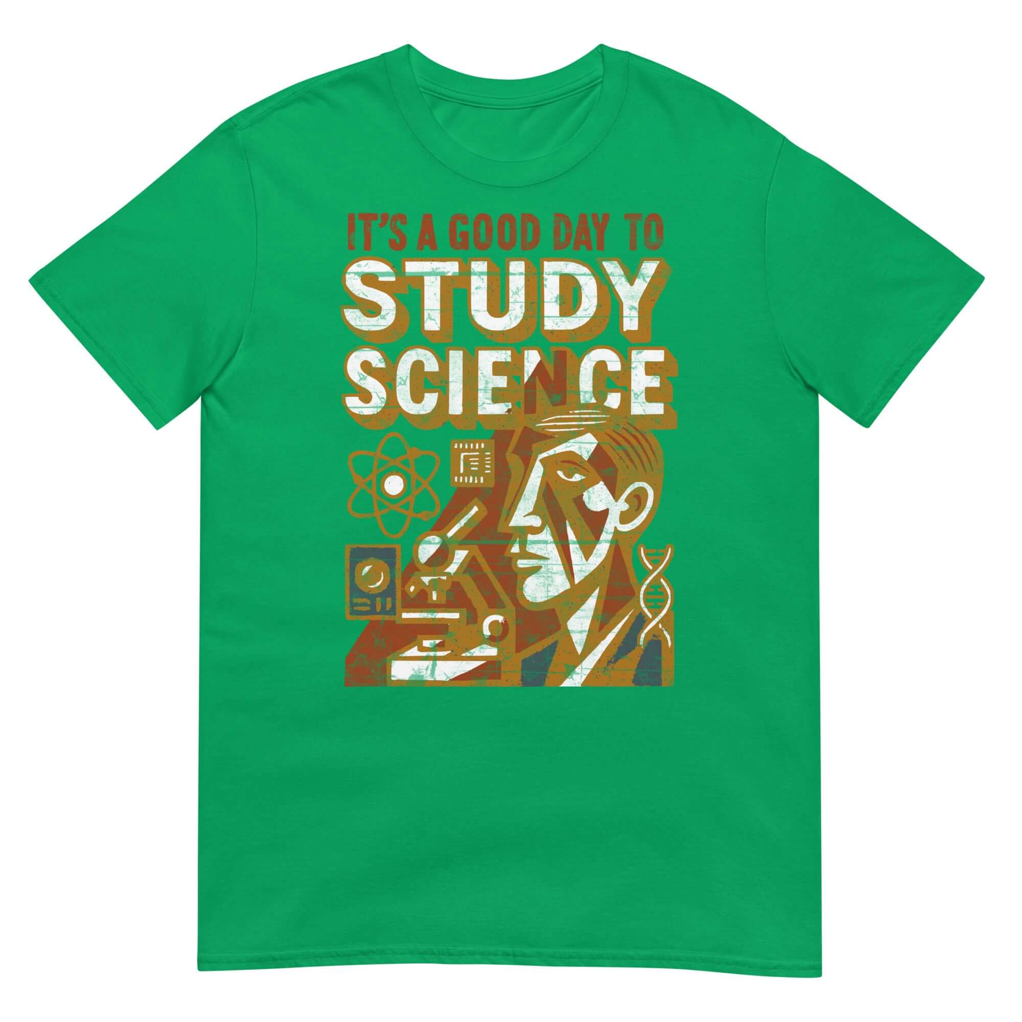 Green T-shirt with 'It's a Good Day to Study Science' design featuring vintage scientific motifs and academic motivation theme.