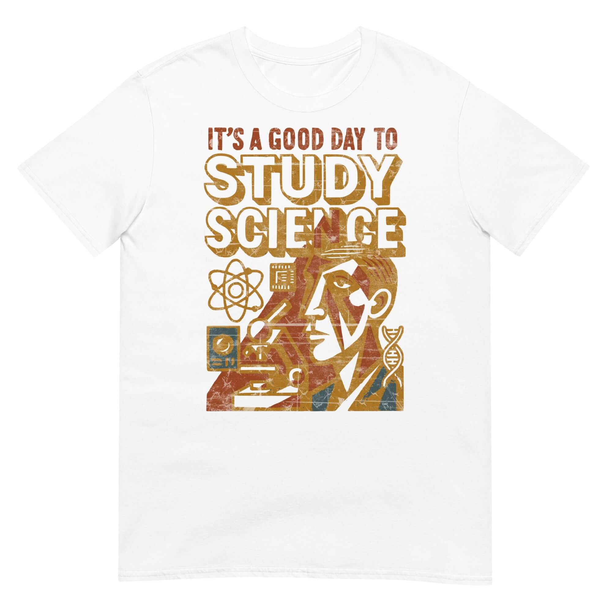 White T-shirt featuring 'It's a Good Day to Study Science' vintage design with scientific symbols for academic motivation.