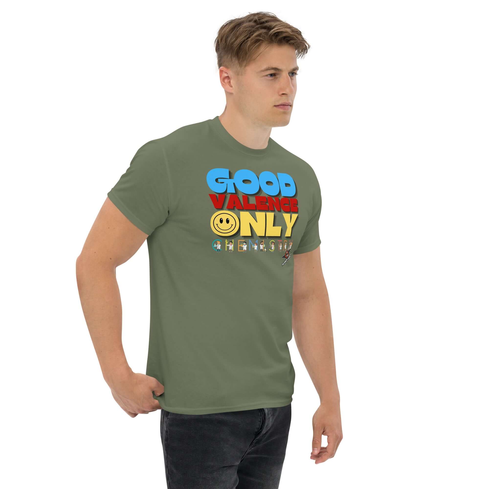 Alt Tag: "Good Valence Only" chemistry t-shirt with vibrant text and cheerful scientists, perfect for science enthusiasts, on model.