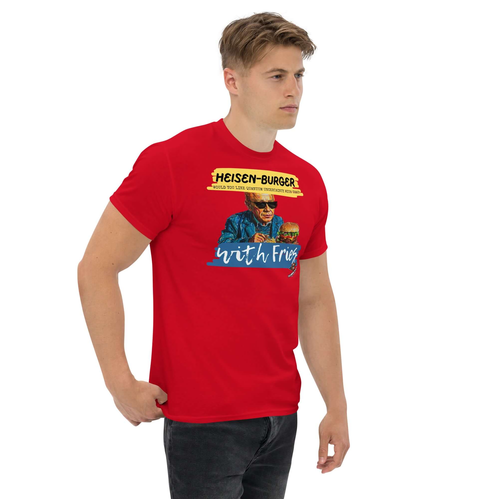 Red Heisen-burger with Fries T-Shirt showcasing Werner Heisenberg in sunglasses. Breaking Physics™ Special Combo.