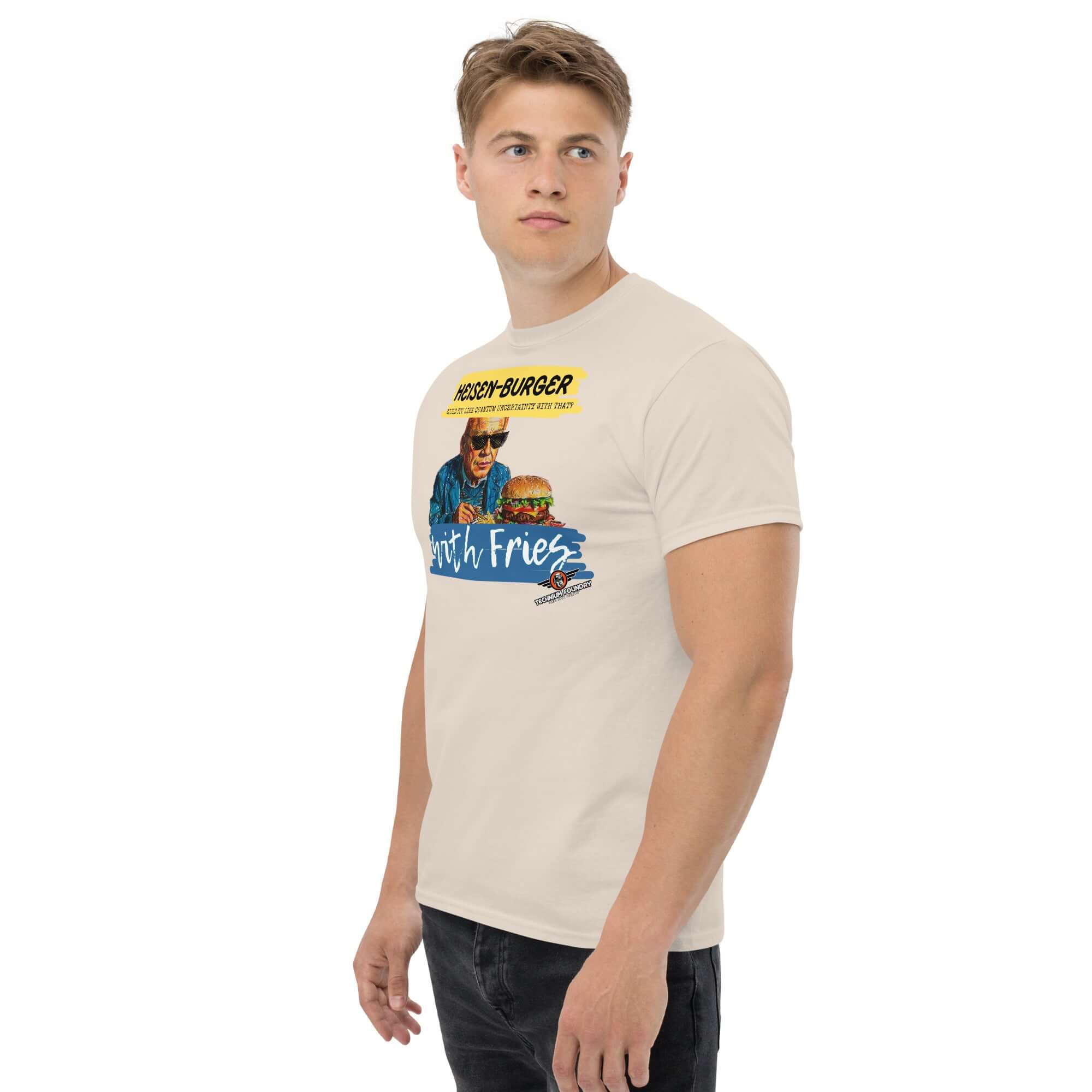 Heisen-burger with Fries T-Shirt featuring Einstein graphic, part of Breaking Physics Special Combo, worn by man. Quantum physics humor apparel.