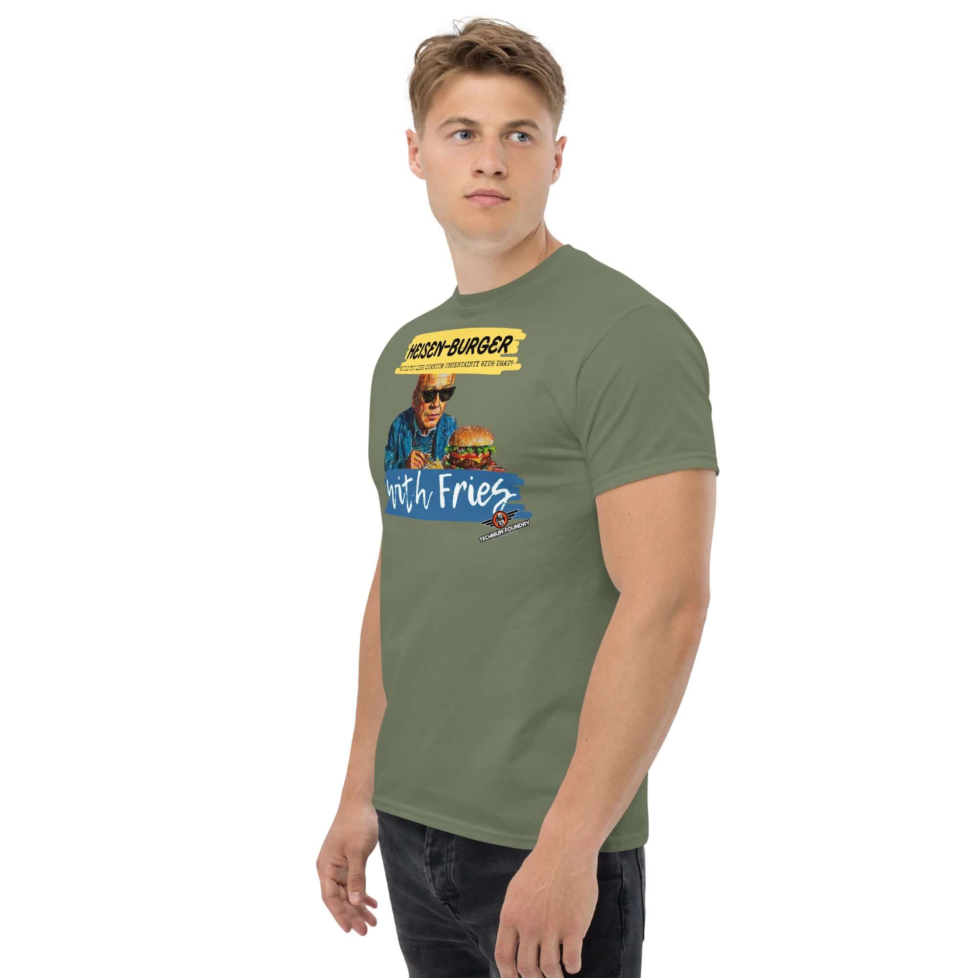 Man wearing Heisen-burger with Fries T-Shirt, featuring Werner Heisenberg graphic and "Breaking Physics™" design.