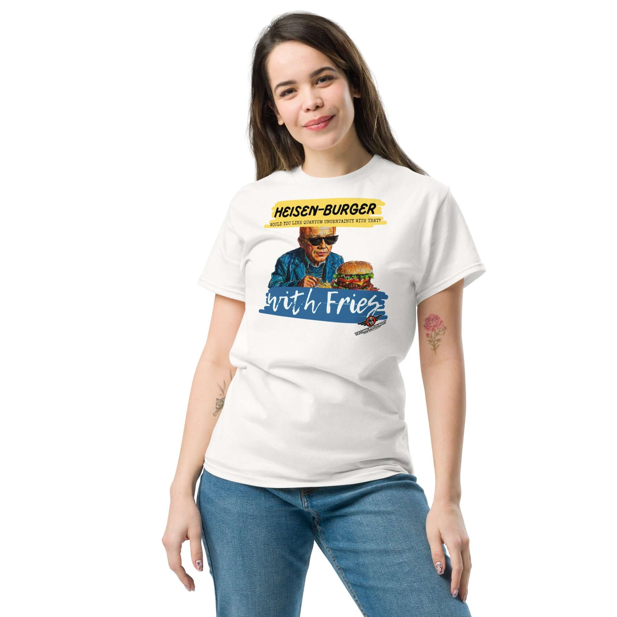 Heisen-burger with Fries T-Shirt featuring cartoon Heisenberg with burger, perfect for Breaking Physics™ fans. Uncertain meal design.