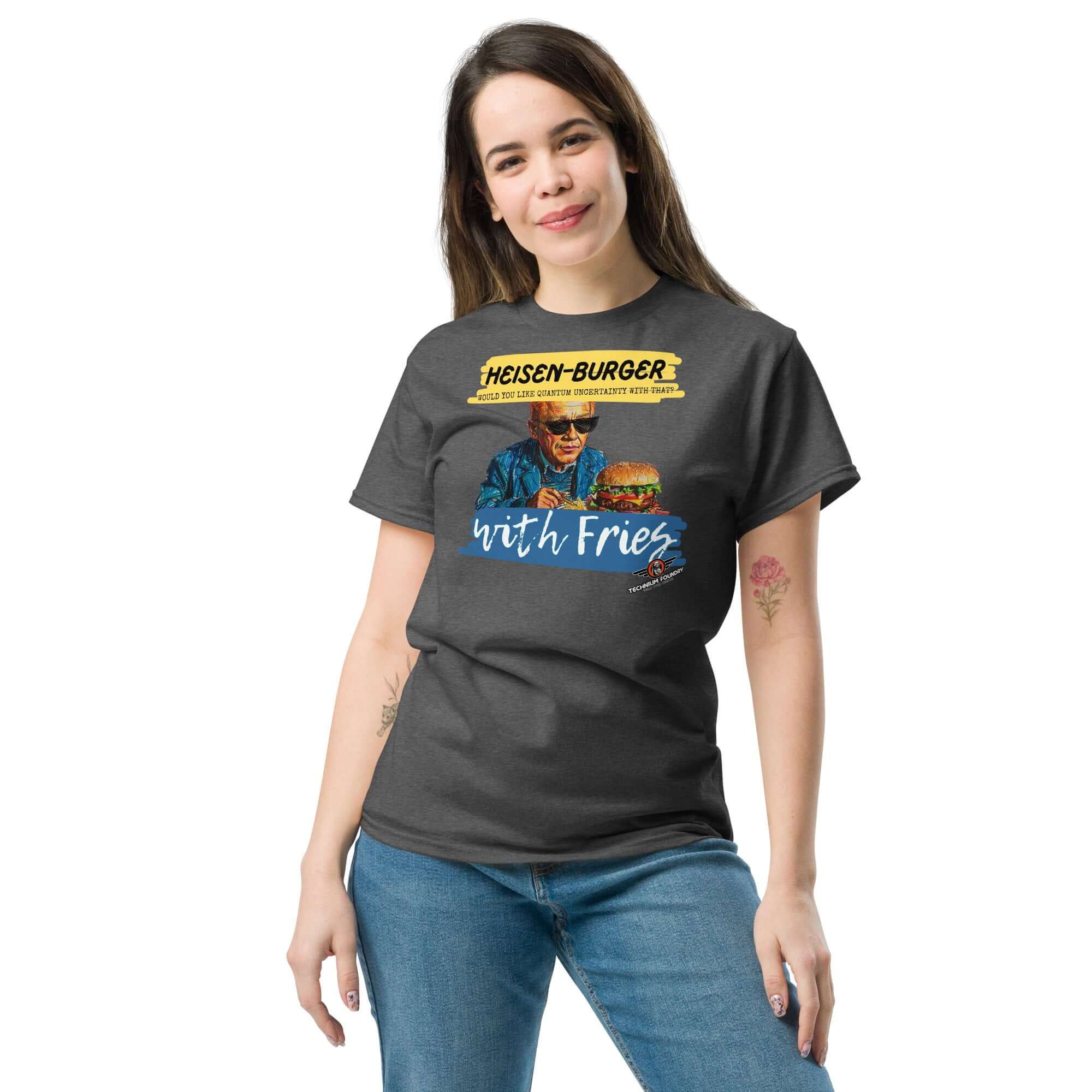 Woman wearing Heisen-burger with Fries T-Shirt | Breaking Physics™ featuring a cool Werner Heisenberg design with a burger and fries.