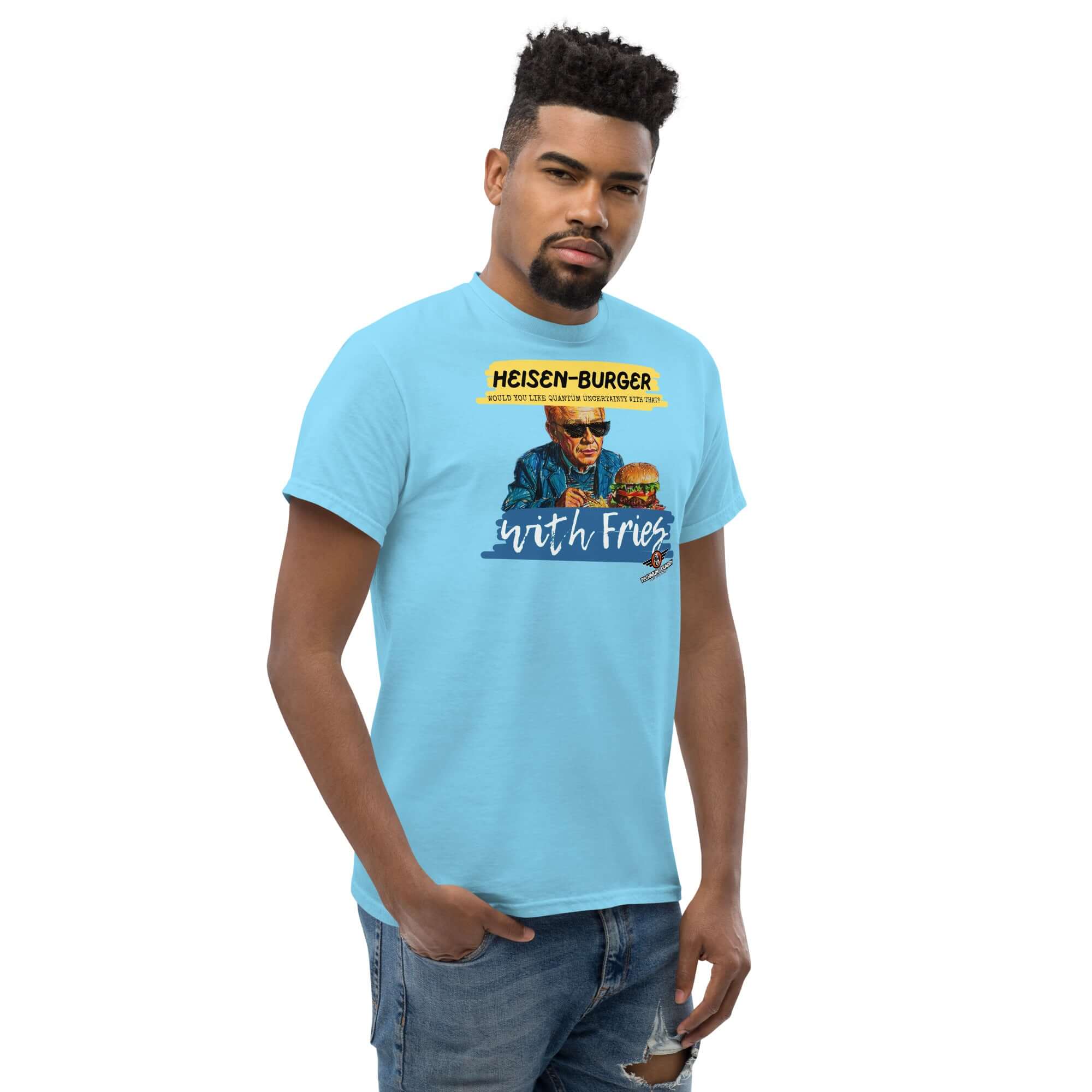 Man wearing Heisen-burger with Fries T-Shirt, Breaking Physics™ Special Combo, blue tee with quantum burger design.