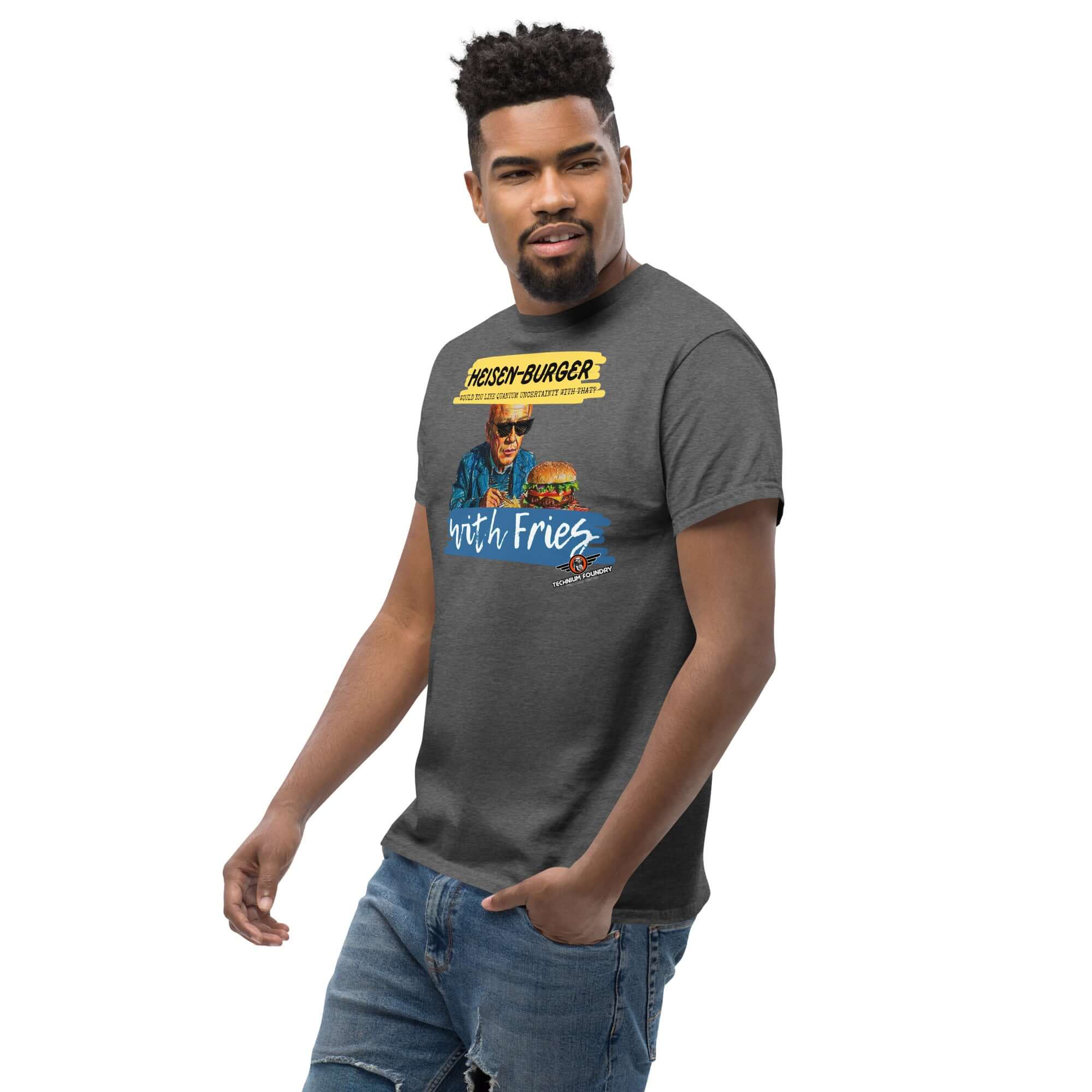 Man wearing Heisen-burger with Fries T-Shirt from Breaking Physics™ Special Combo, featuring cartoon Werner Heisenberg eating a burger.