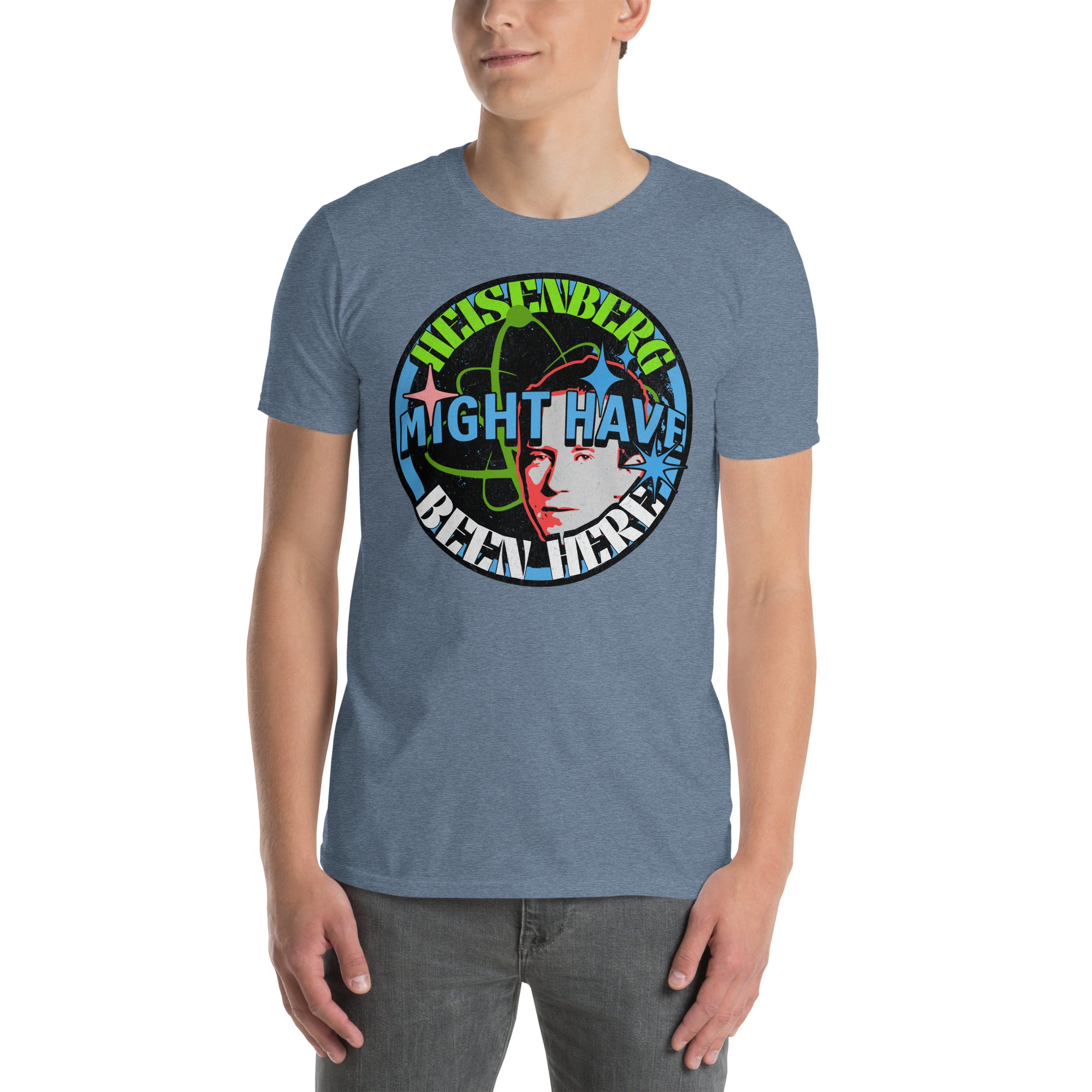 Person wearing blue Heisenberg Might Have Been Here t-shirt with quantum physics humor design and atomic symbols.