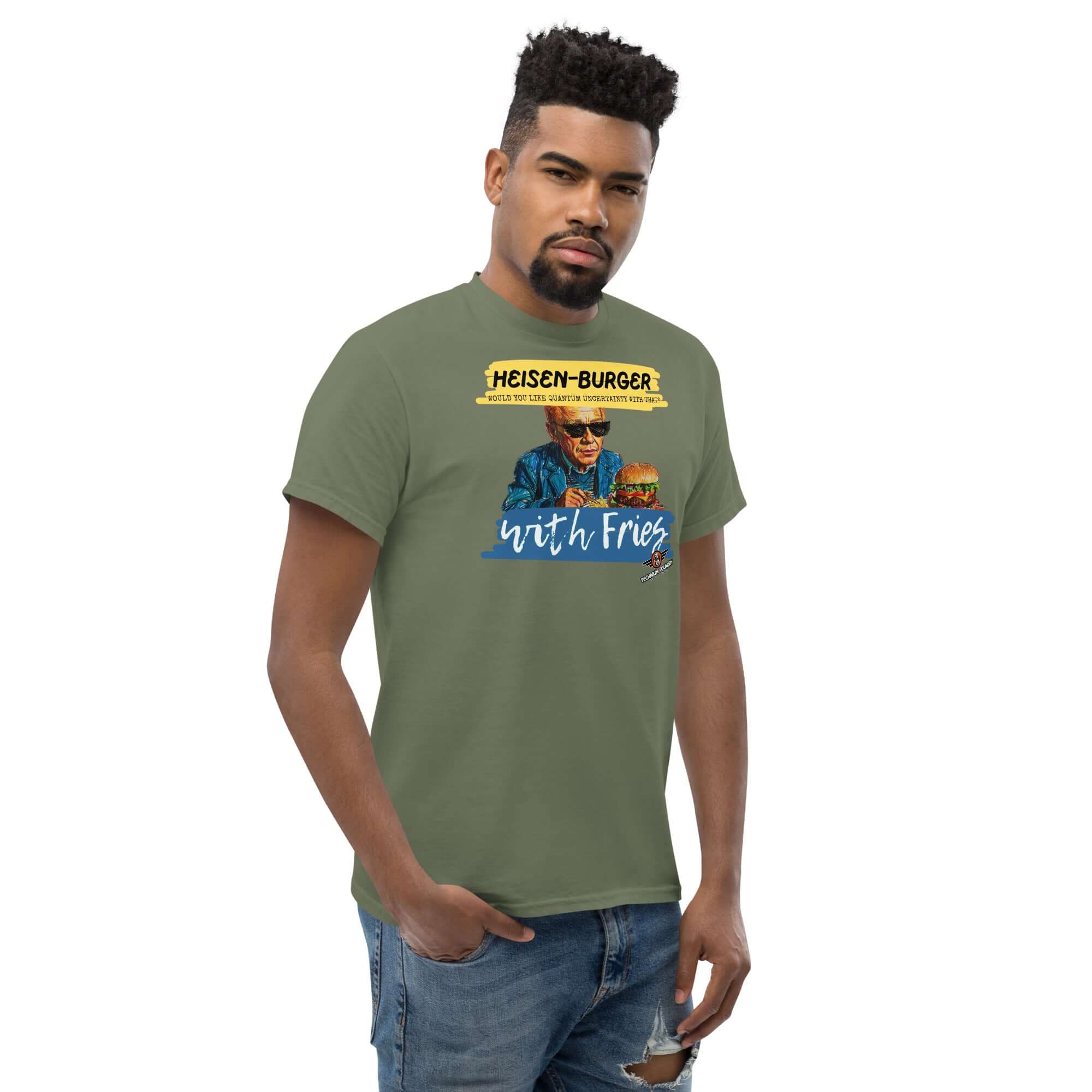 Man wearing Heisen-burger with Fries T-Shirt from Breaking Physics™ Special Combo, featuring Werner Heisenberg with sunglasses.
