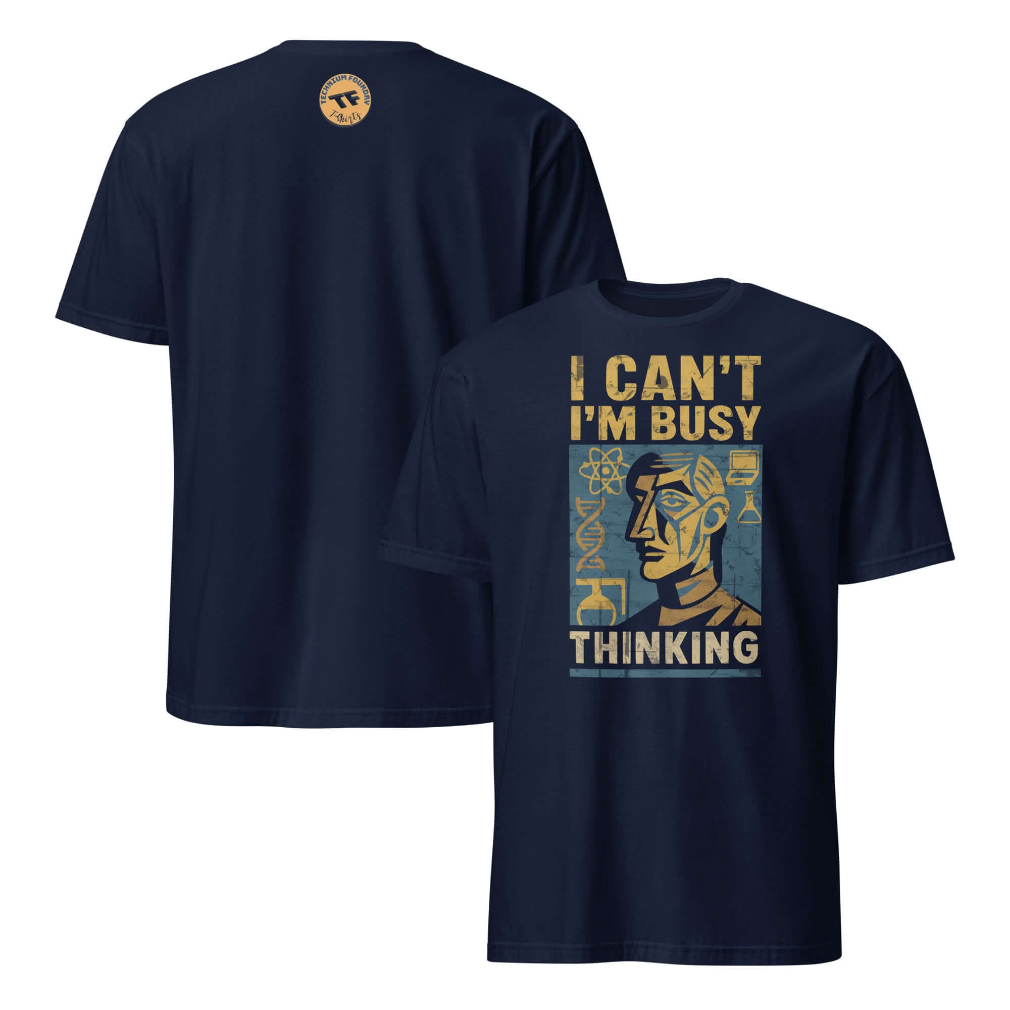 "I Can't I'm Busy Thinking" T-shirt featuring abstract brain design on navy fabric