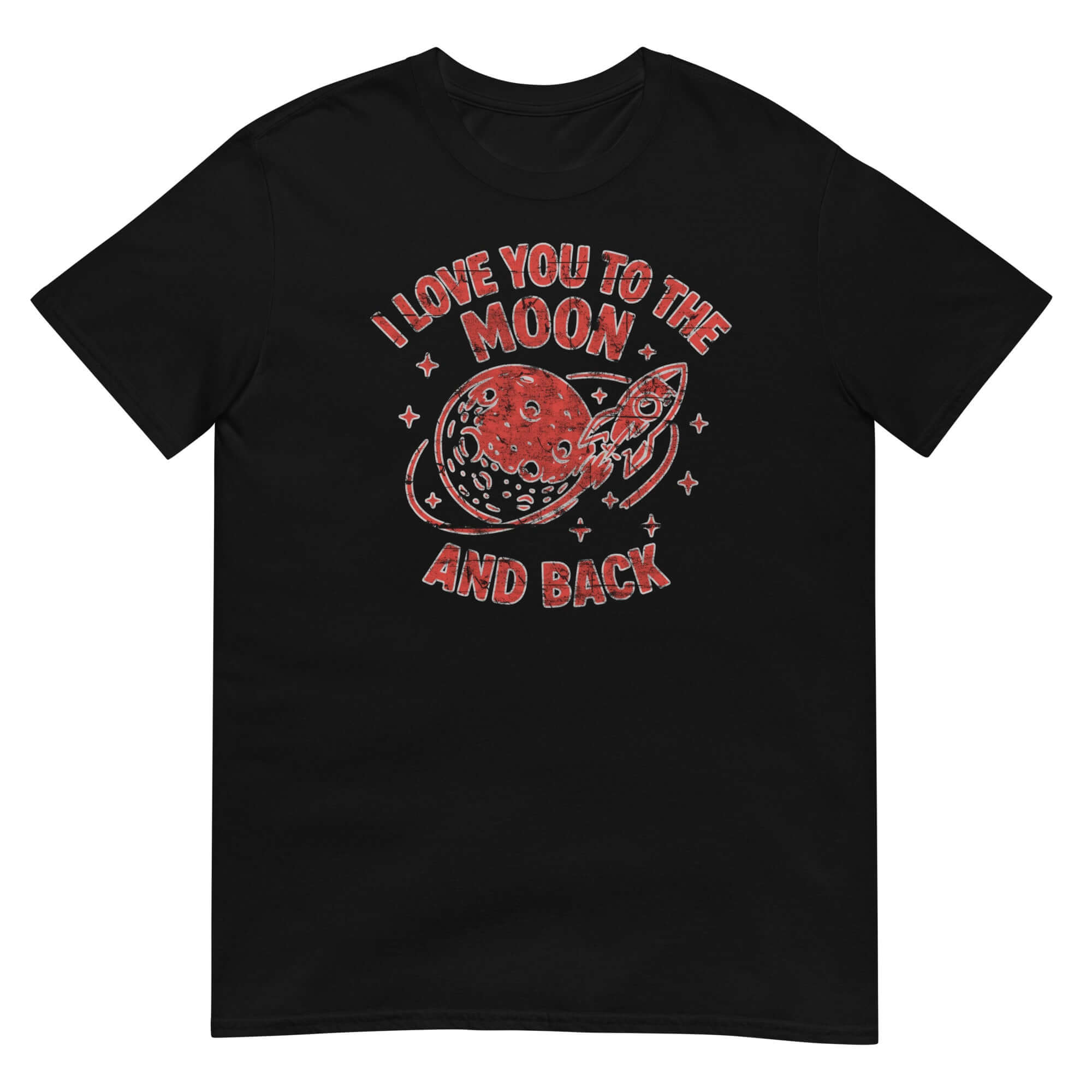 Black T-shirt with "I Love You to the Moon and Back" design featuring a red moon and rocket graphic