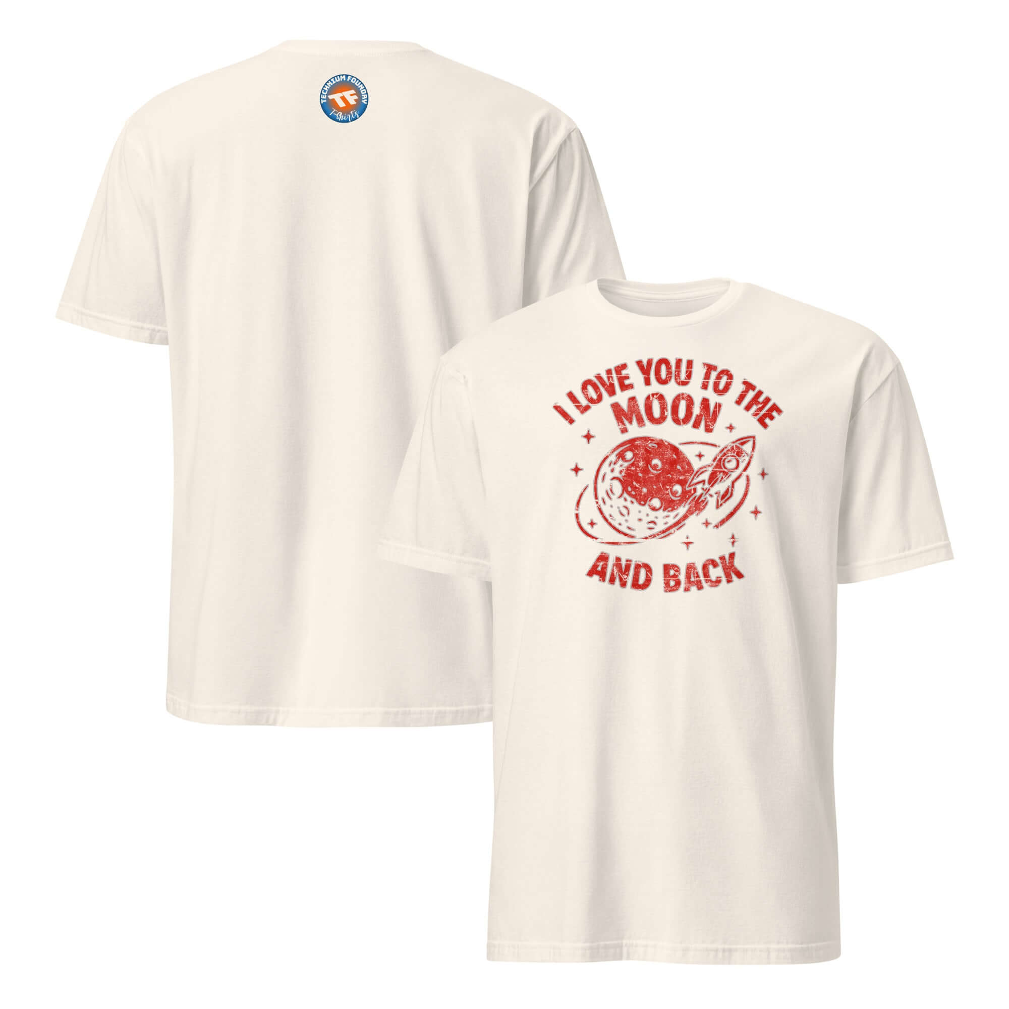 White t-shirt with "I Love You to the Moon and Back" design featuring a red astronaut and celestial theme.