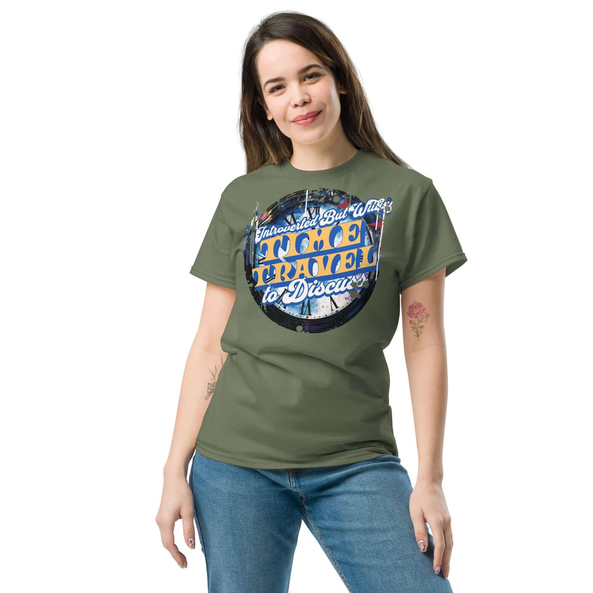 Woman wearing Introverted Time Travel T-Shirt with quantum physics humor design, perfect for fans of parallel universes and temporal paradoxes.