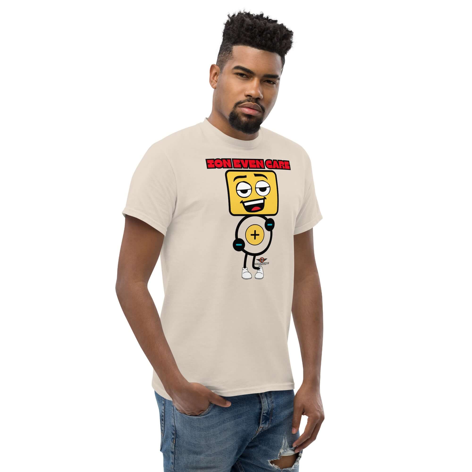 Alt Tag: Man wearing Ion Even Care t-shirt with quirky atomic character design and text 'When Chemistry Just Can't Be Bothered'.