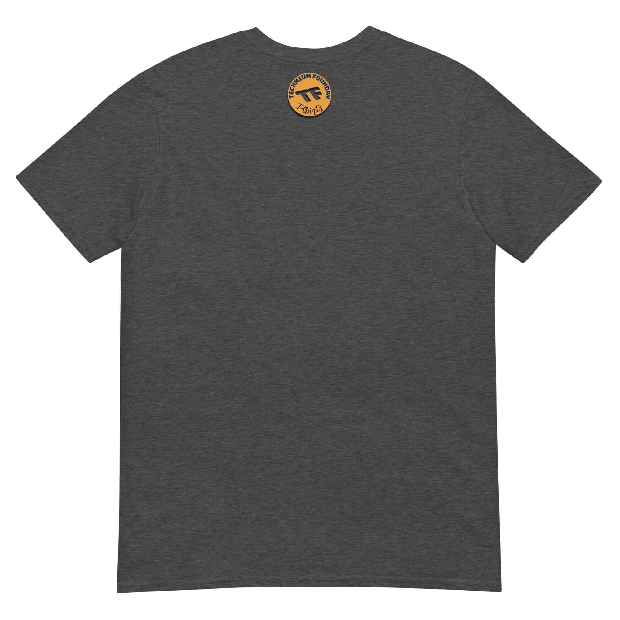 Back view of "Keep It Real Astrophysics" T-shirt in dark grey, featuring an orange logo, perfect for science enthusiasts and space humor fans.