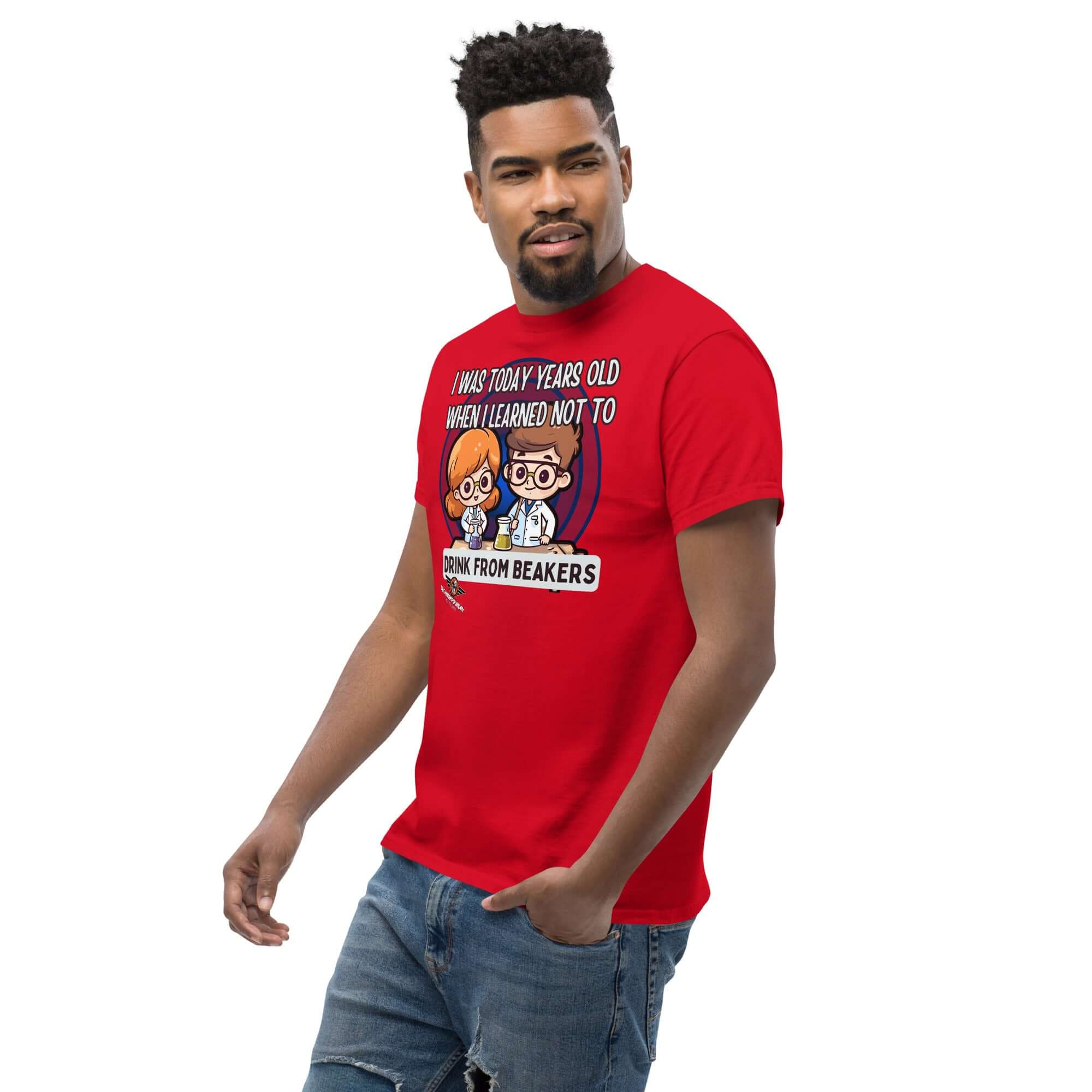Man wearing a "I Was Today Years Old" lab safety T-shirt with cute chibi scientists print, chemistry humor beaker warning design.