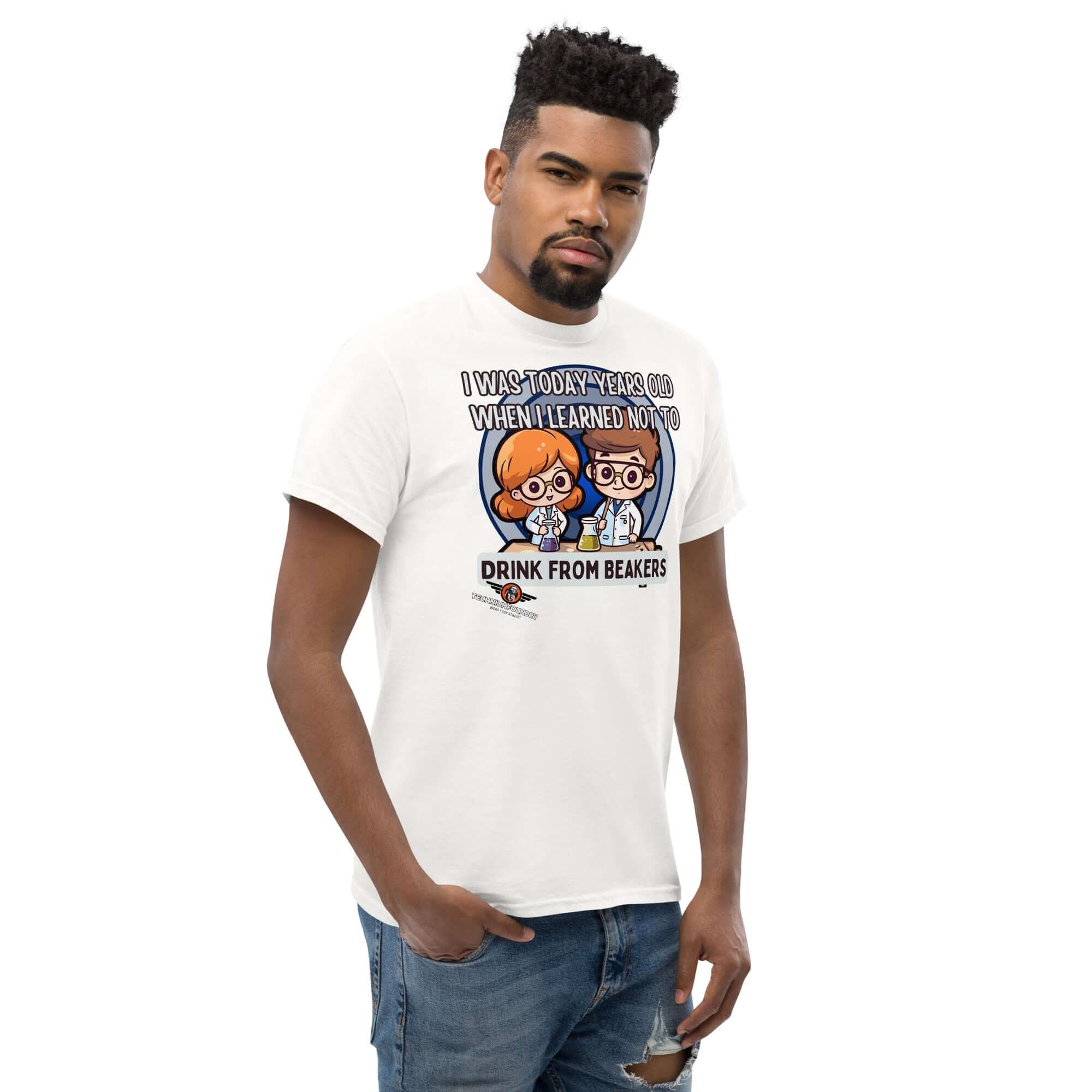 Man wearing 'I Was Today Years Old' Chemistry Humor T-Shirt with chibi scientists and lab safety beaker warning.