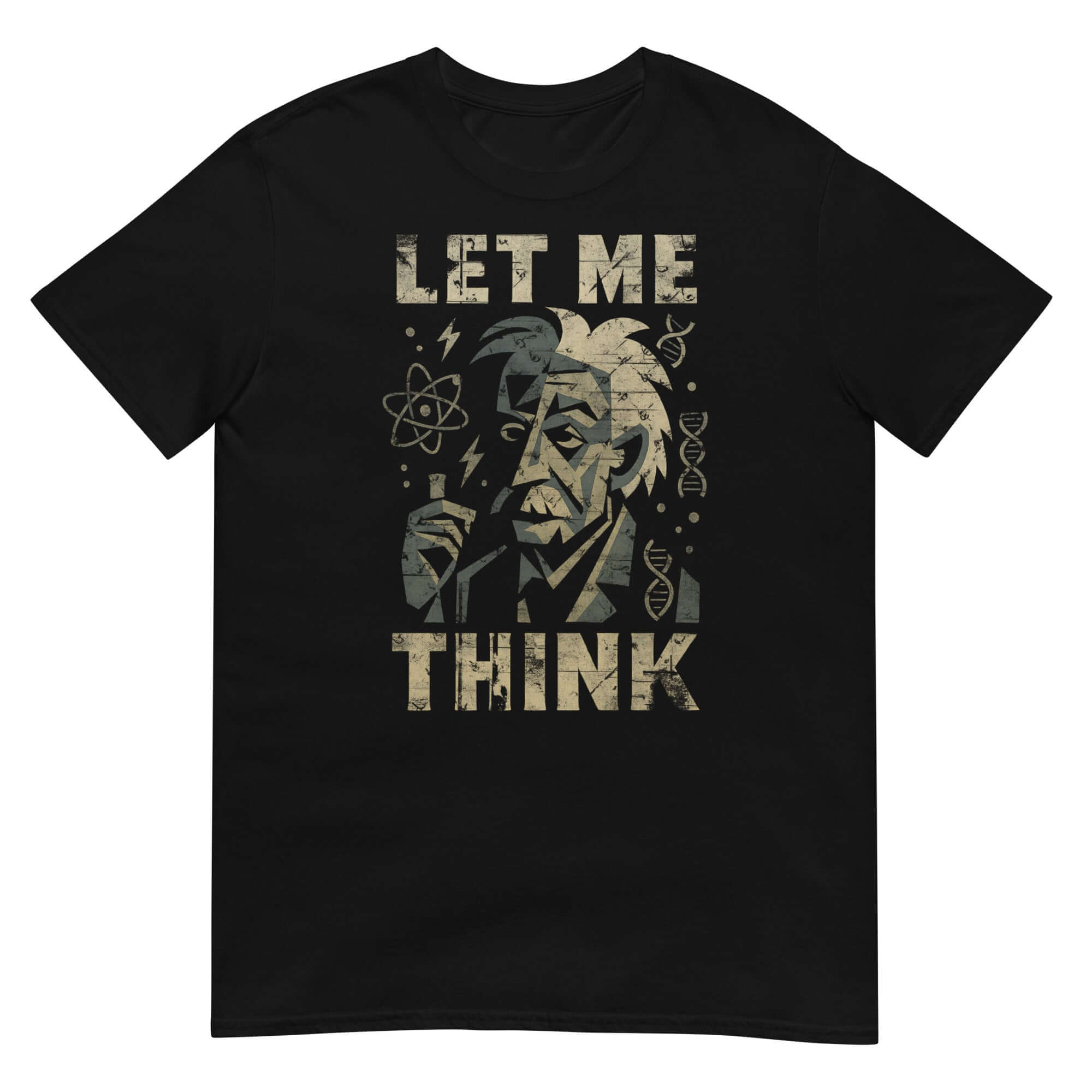 Black 'Let Me Think' Einstein T-Shirt featuring a vintage-style illustration with scientific symbols for humorous contemplation.