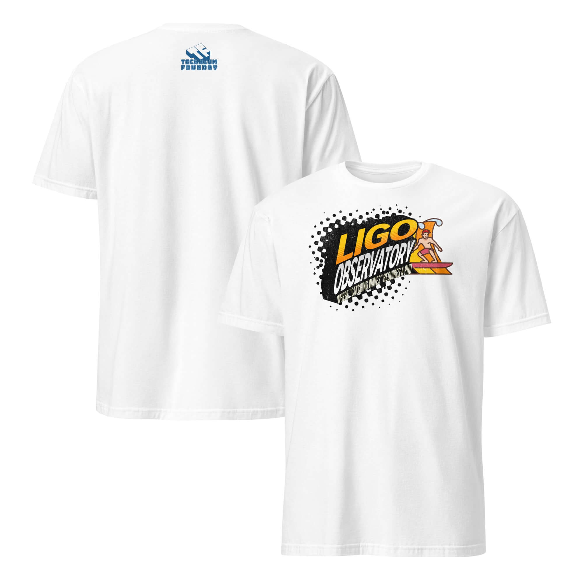 White LIGO Observatory t-shirt featuring a playful scientist catching space waves with colorful graphics on the front and logo on the back.