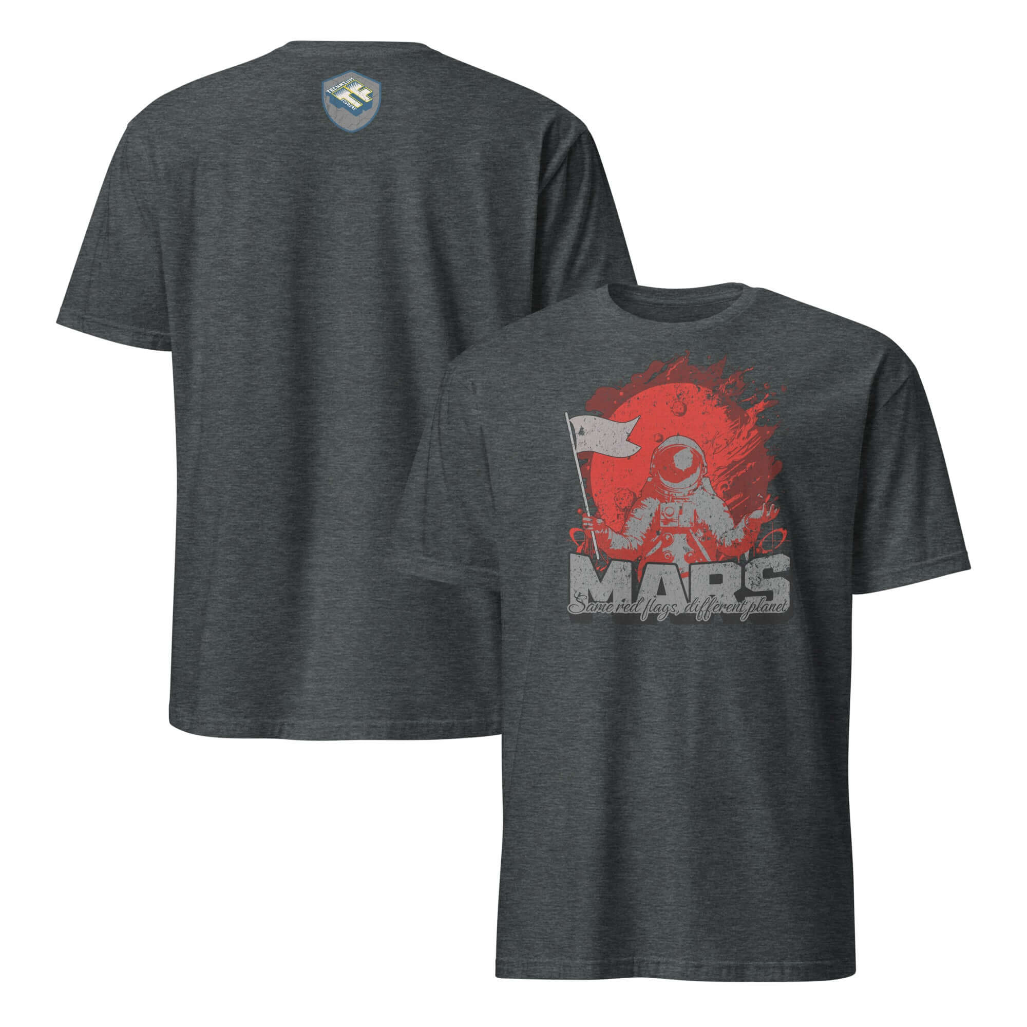 Mars "Red Flags" Space Humor T-Shirt featuring astronaut on Mars with flag, highlighting existential planetary concerns.