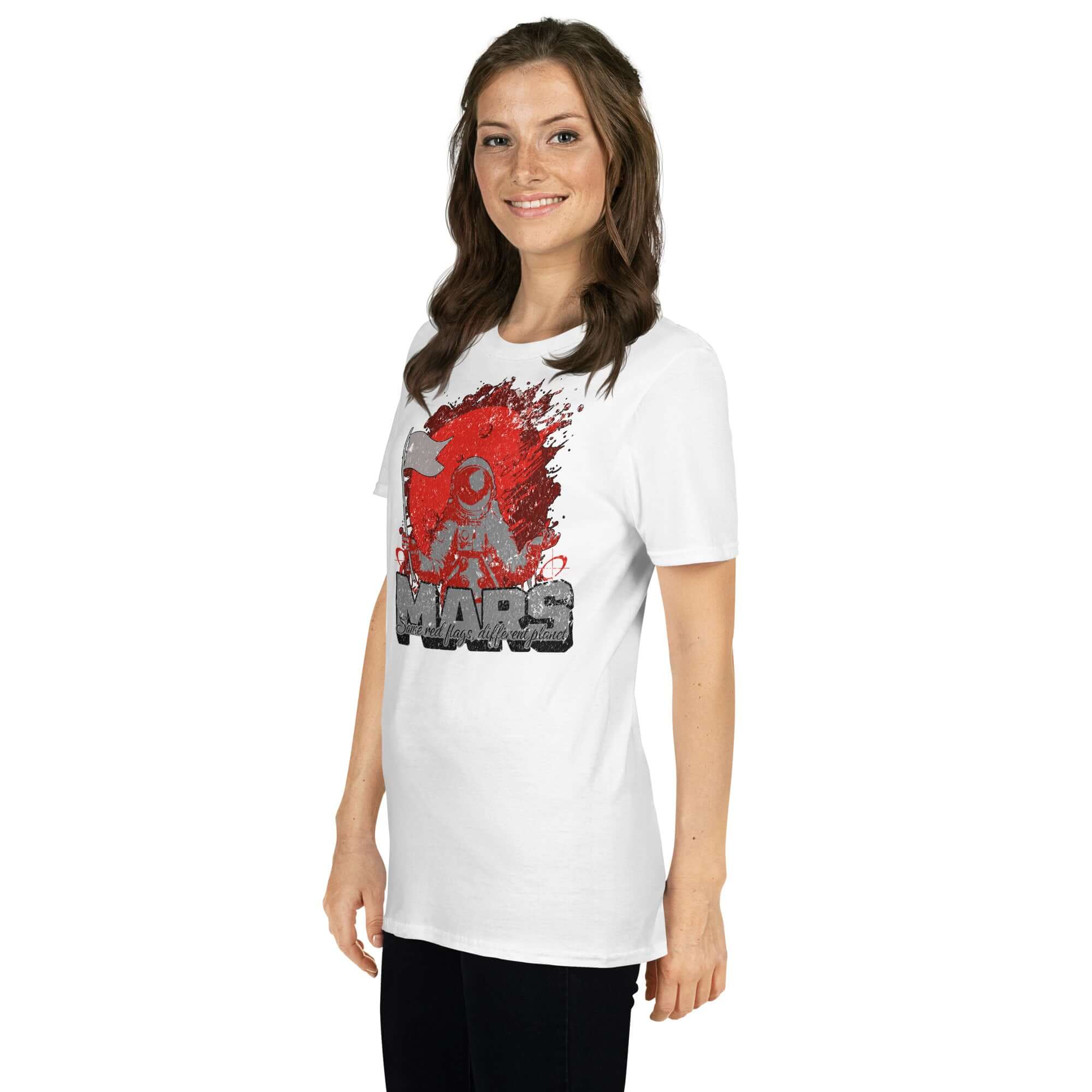 Woman wearing 'Mars - Same Red Flags, Different Planet' t-shirt with astronaut and flag design, featuring space humor theme.