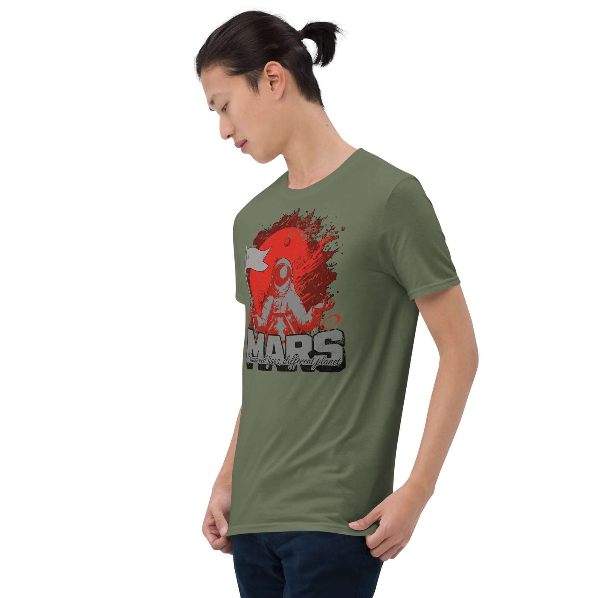 "Mars - Same Red Flags, Different Planet" t-shirt with astronaut and Mars flag design, worn by person standing sideways.