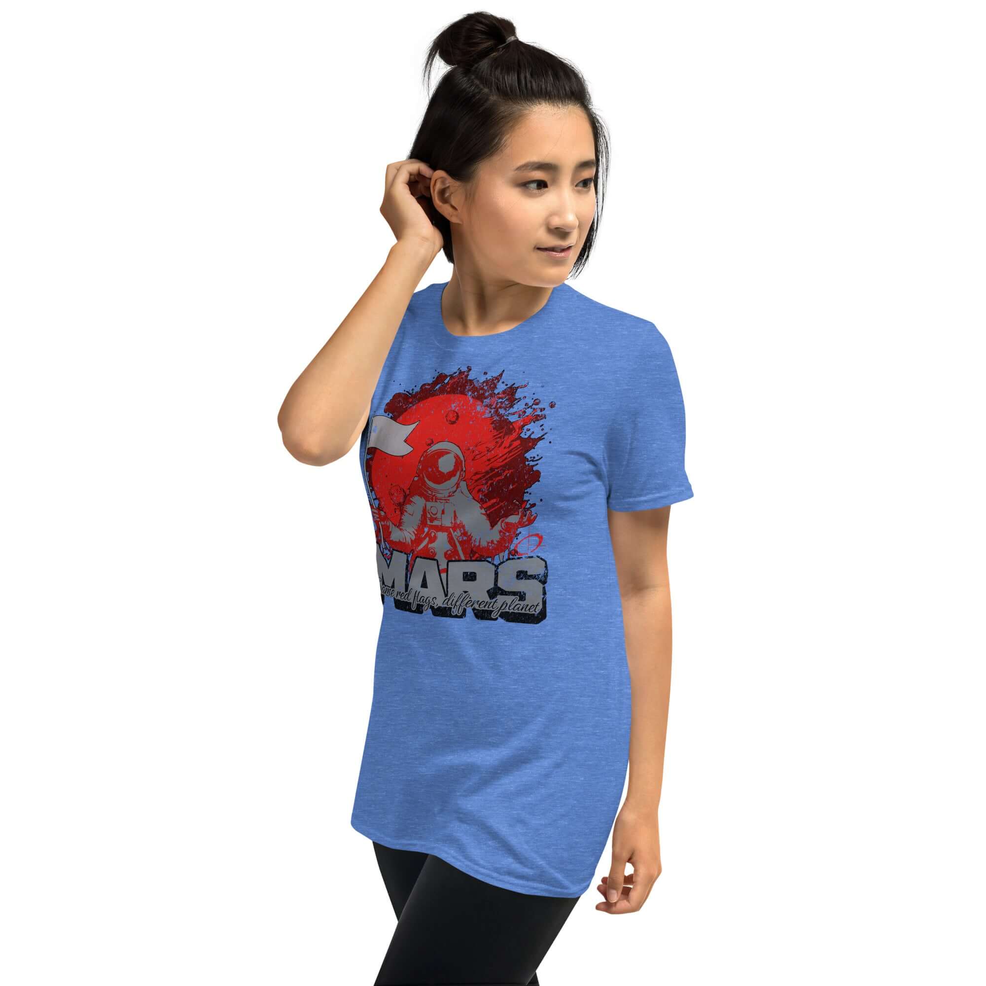 Woman wearing the Mars - Same Red Flags, Different Planet T-Shirt with astronaut graphic, space humor apparel, blue shirt.