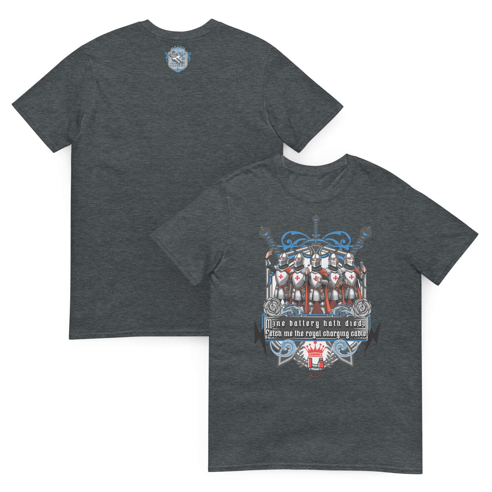 Medieval Knights Tech T-Shirt with knights and shields, "Mine Battery Hath Died" design on heather gray fabric.