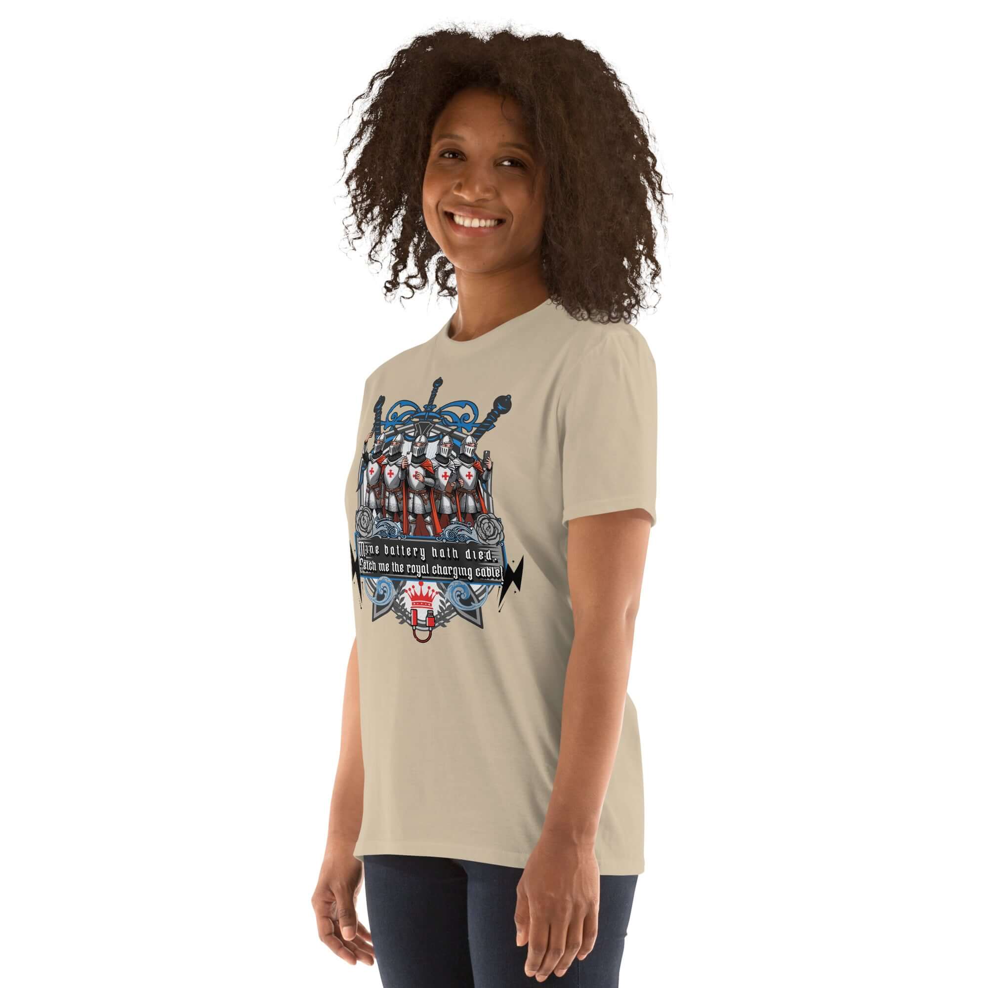 Woman wearing a heather gray t-shirt with medieval knights and "Mine Battery Hath Died" design.