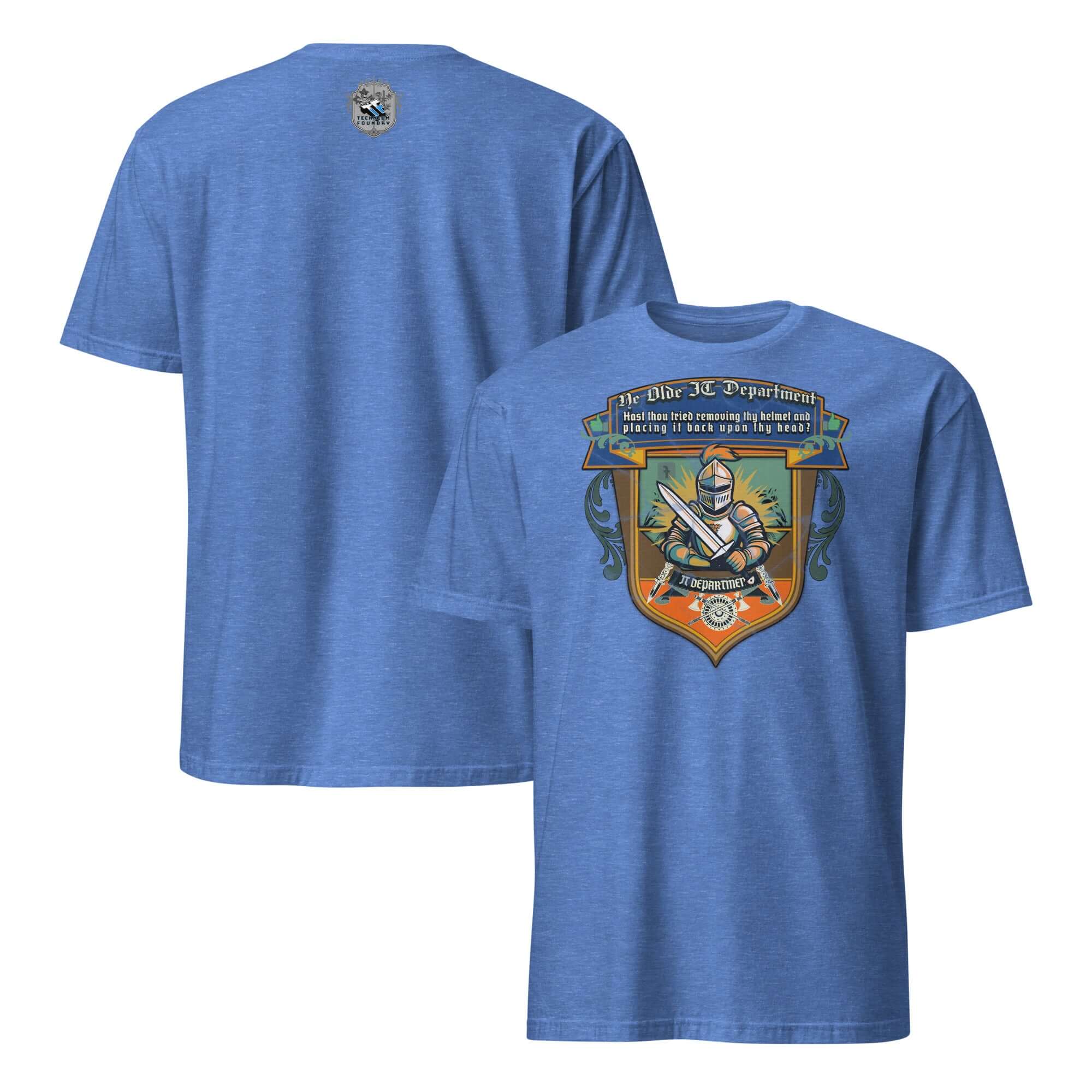 Medieval tech humor t-shirt featuring a knight and funny IT support text on a blue shirt.