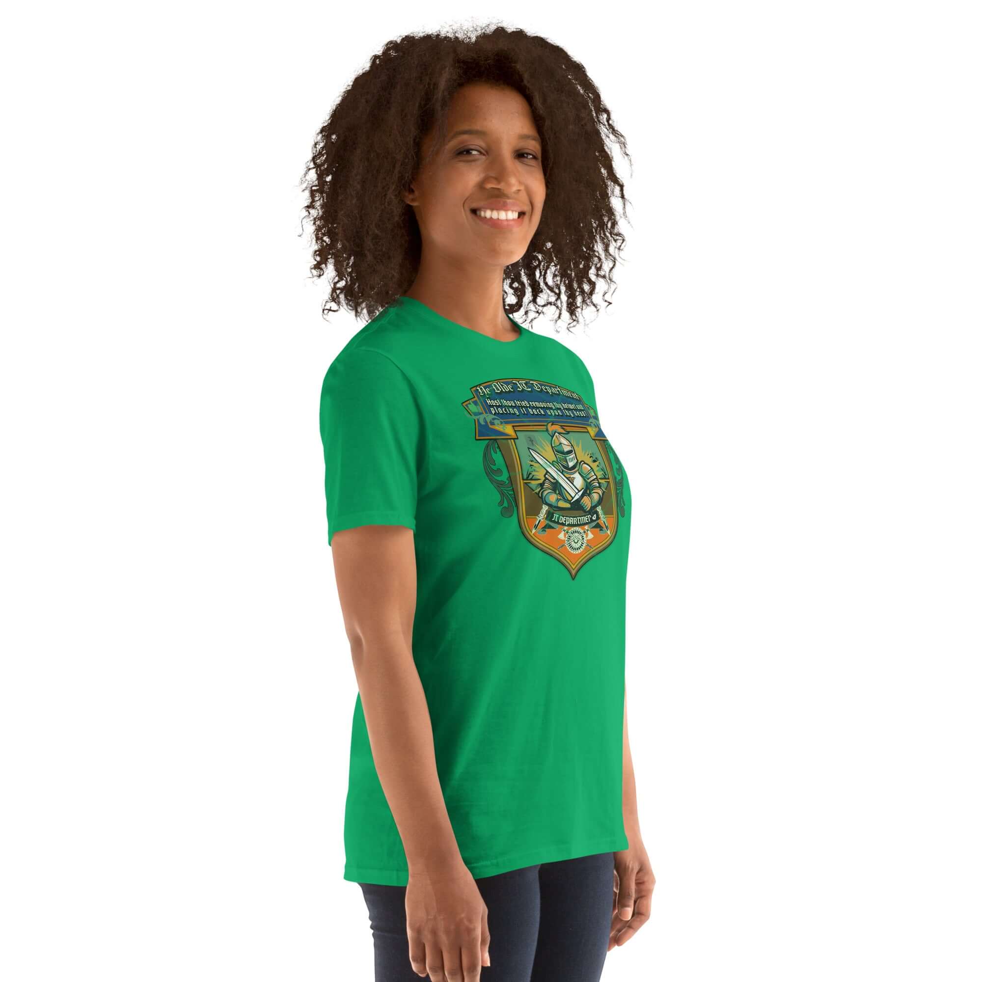 Smiling person wearing green Ye Olde IT Department T-Shirt with medieval tech support humor and knight design.