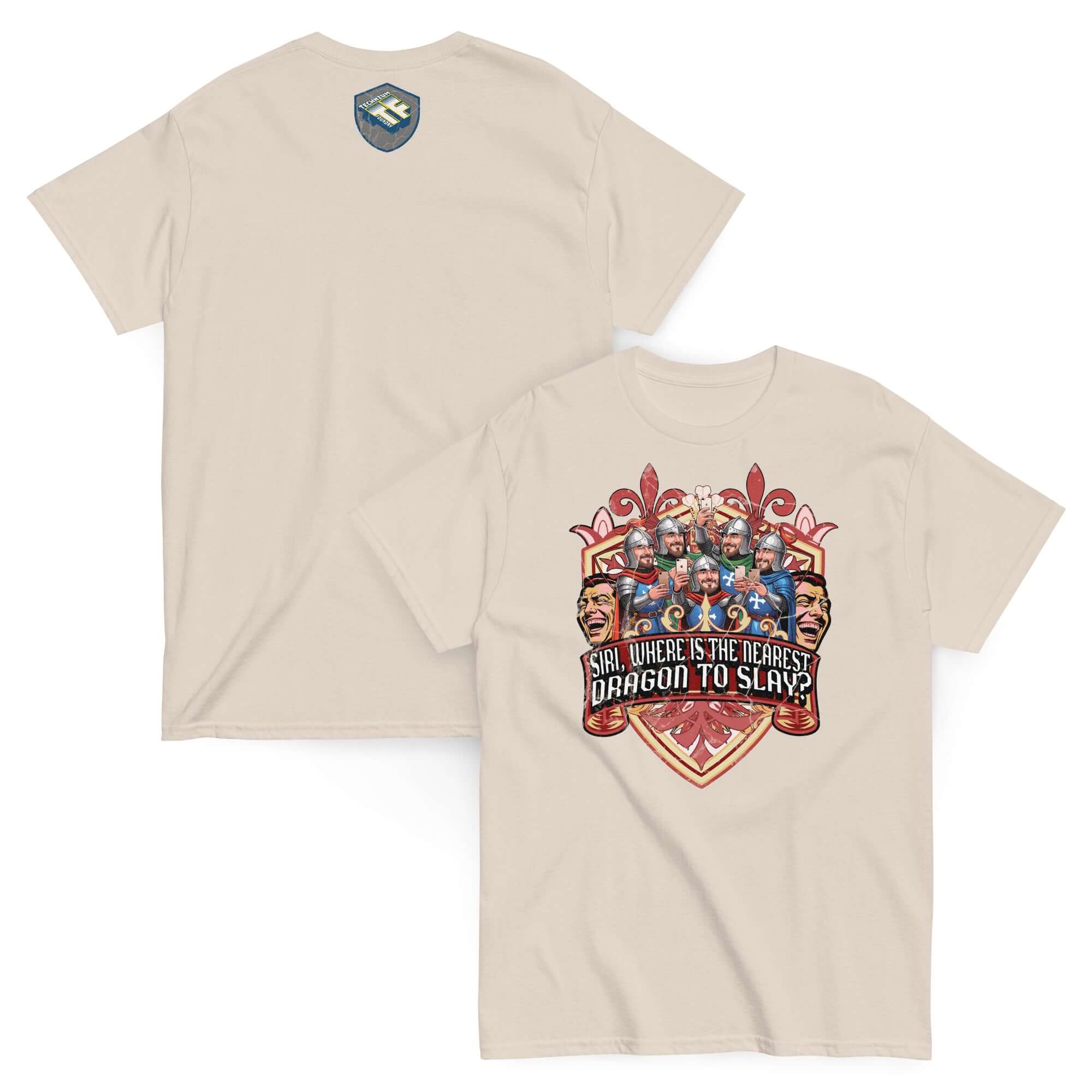 Medieval iPhone t-shirt with knights on smartphones and text 'Siri, Where Is The Nearest Dragon To Slay?' featuring heraldic shield design.