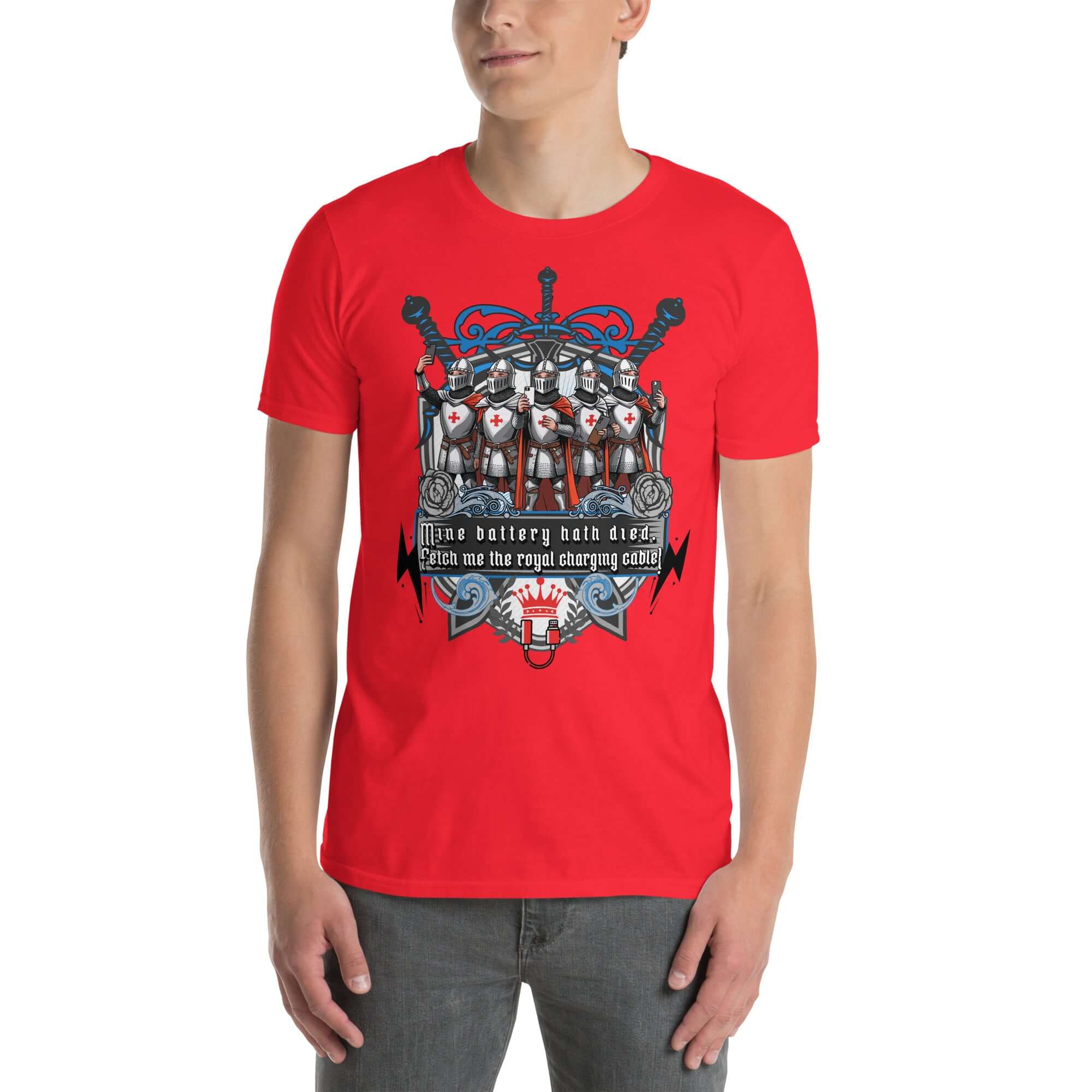 Red t-shirt featuring medieval knights with shields, humorous "Mine Battery Hath Died" design for tech enthusiasts.