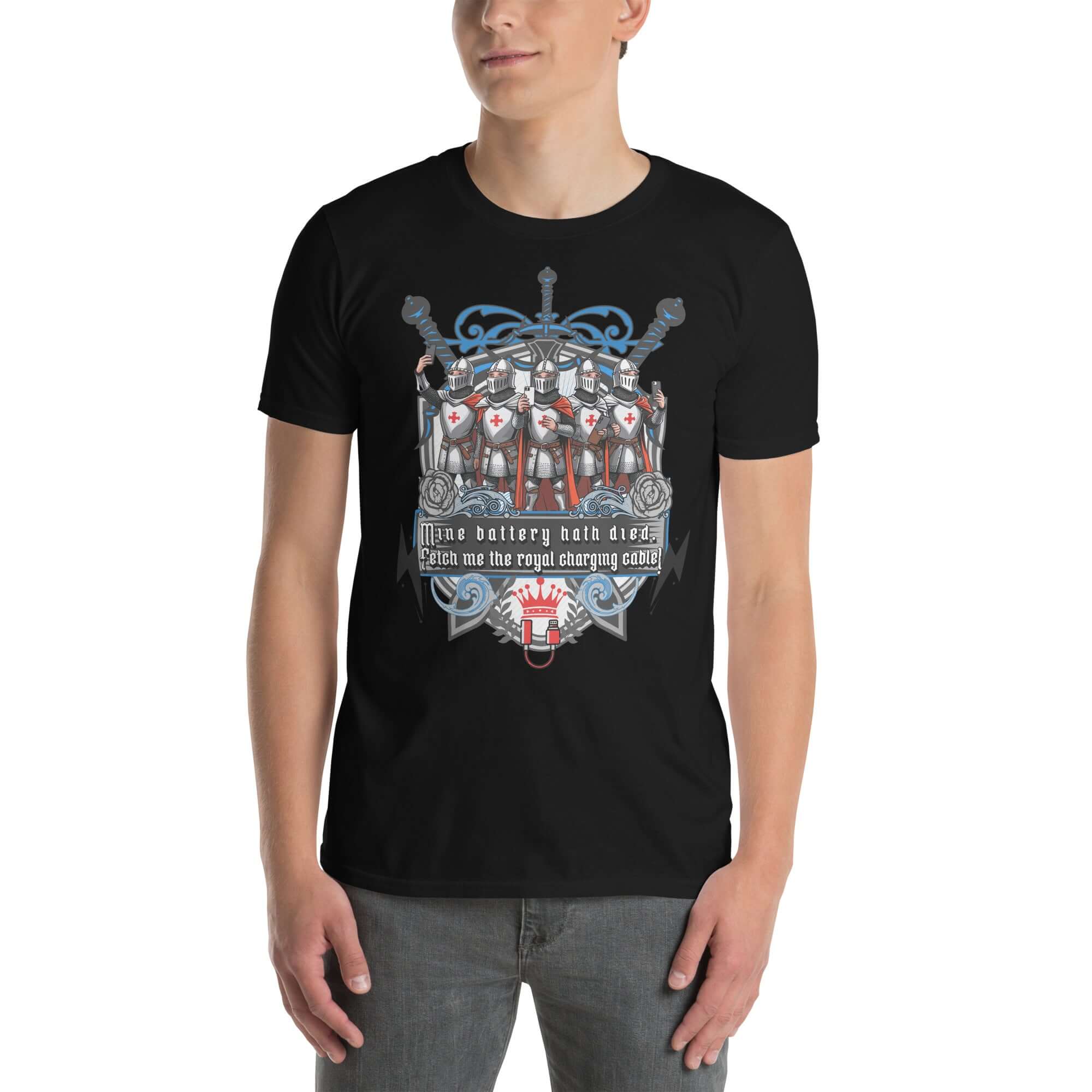 Medieval Knights Tech T-Shirt with heraldic shield and crusader knights design, slogan "Mine Battery Hath Died."