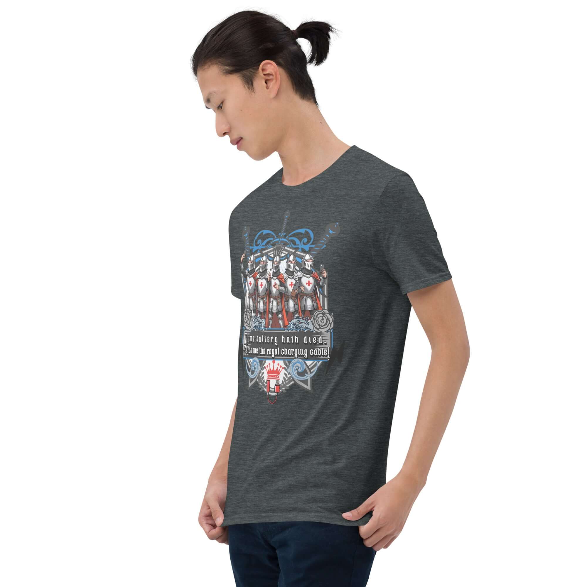 Medieval knights tech t-shirt with "Mine Battery Hath Died" design, featuring knights with shields on a heather gray background.