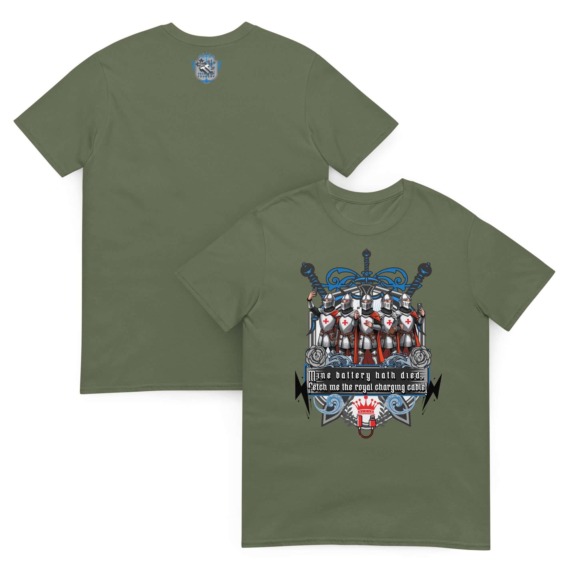 Medieval Knights Tech T-Shirt with crusader design, featuring knights with red-crossed shields on heather gray fabric; "Mine Battery Hath Died" text.
