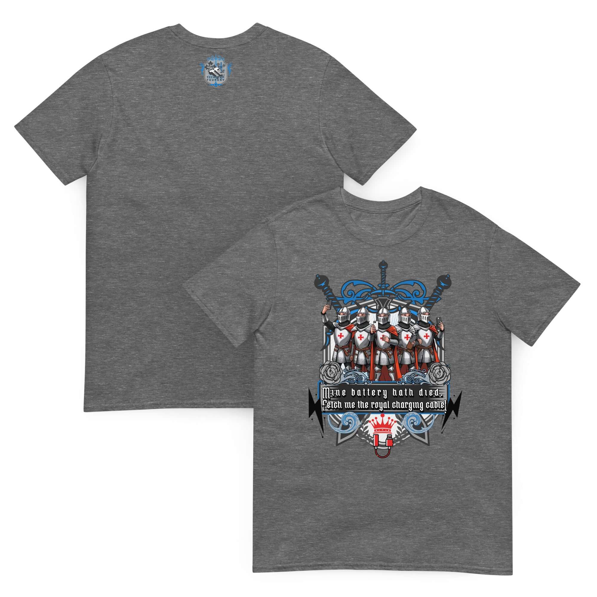 Heather gray t-shirt with "Mine Battery Hath Died" medieval knights design; features crusader theme on the back.