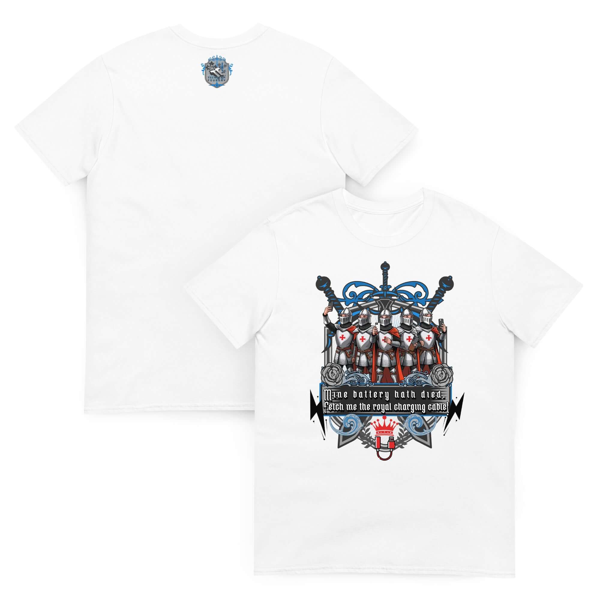 Medieval Knights Tech T-Shirt depicting crusaders seeking a charging cable, featuring a heraldic shield design with red-crossed shields.