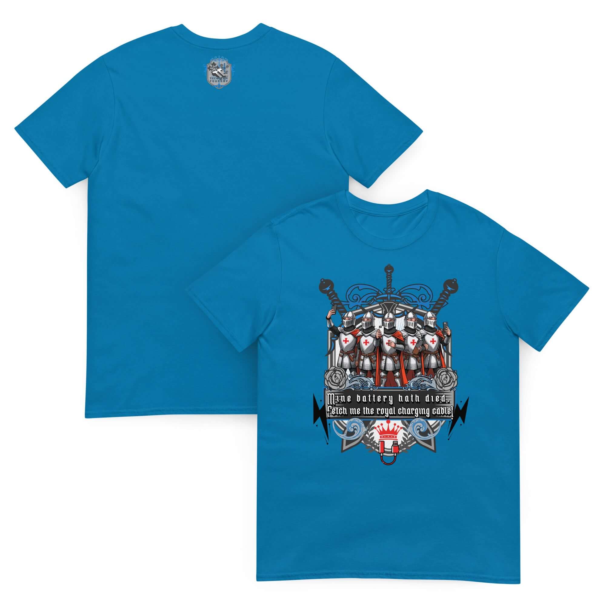 Medieval Knights Tech T-Shirt with noble crusader design on blue fabric, featuring red-crossed shields and vintage text "Mine Battery Hath Died".