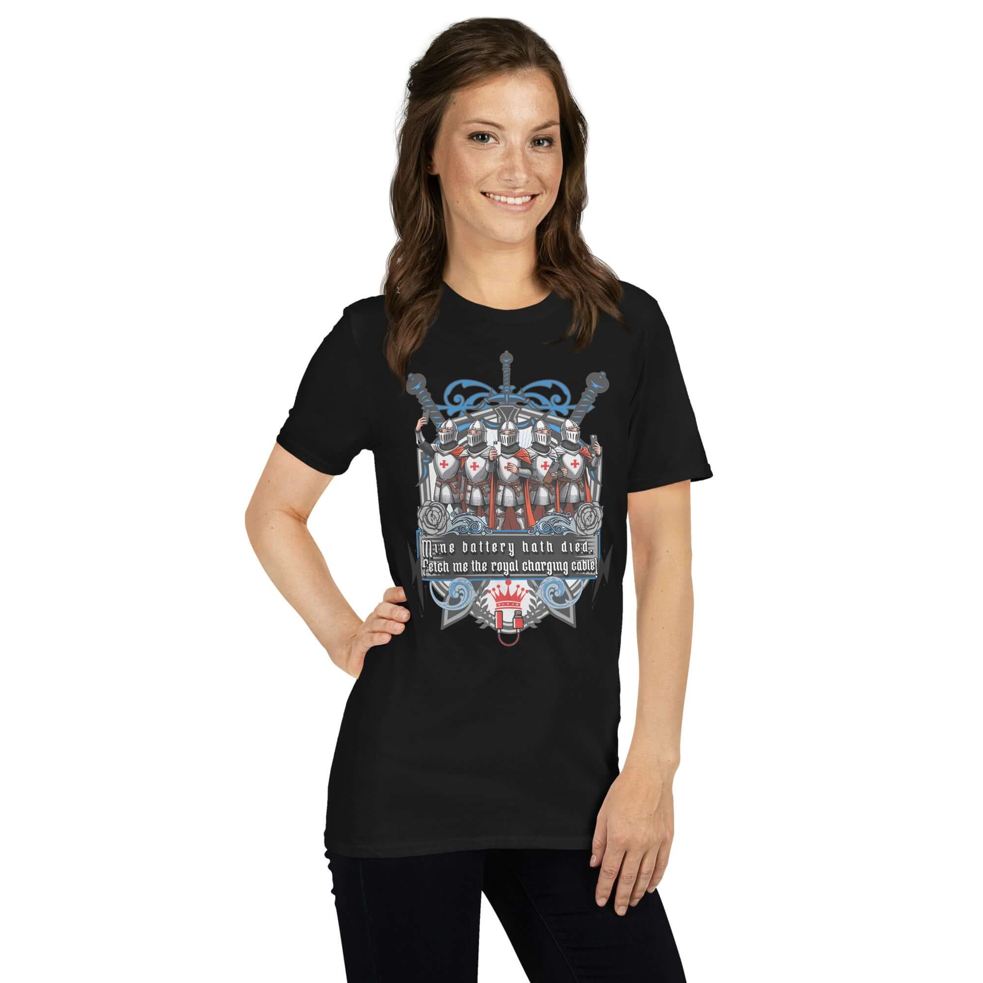 Alt Tag: Woman wearing 'Mine Battery Hath Died' medieval knights tech t-shirt in black with heraldic shield design.