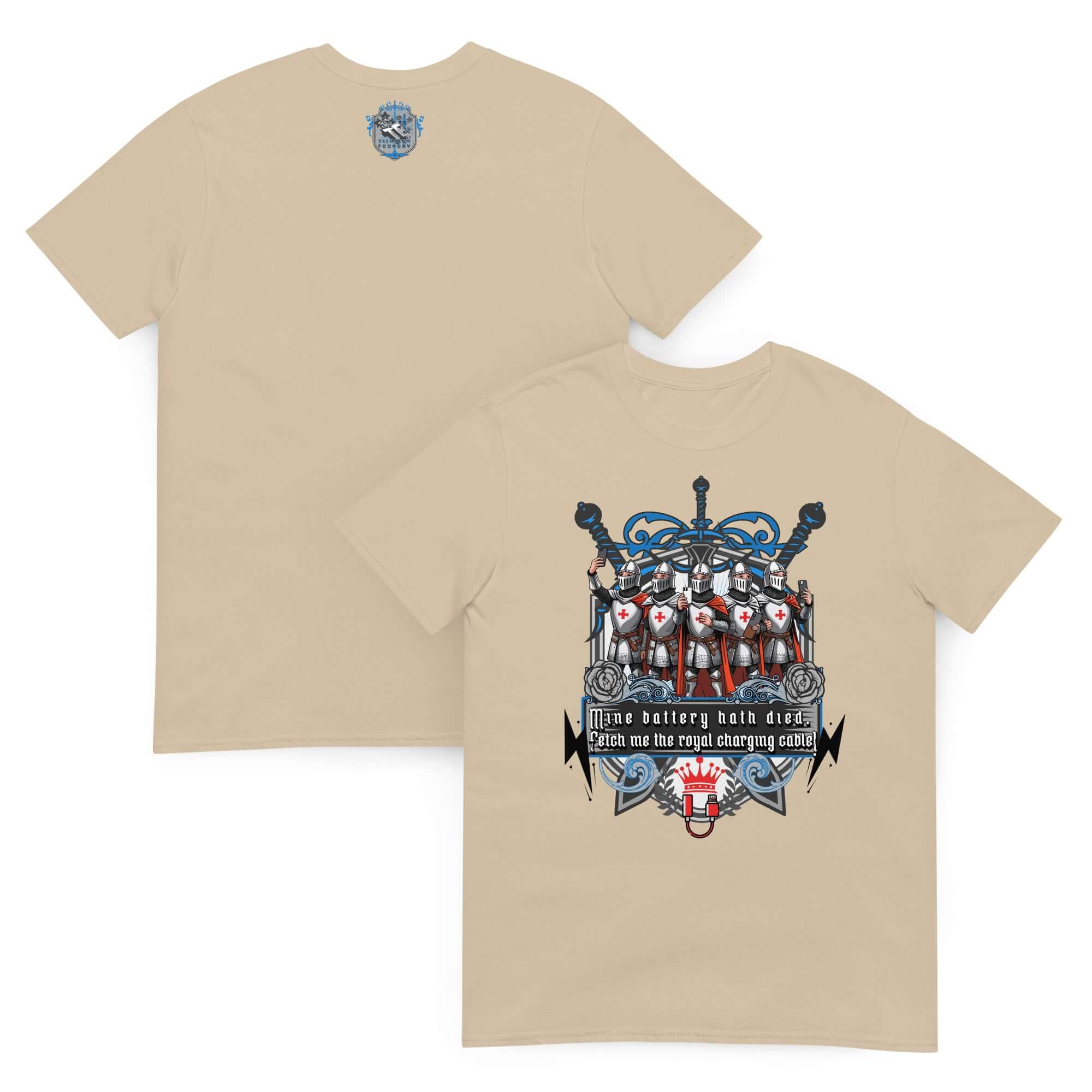 Medieval Knights Tech T-Shirt with heraldic shield and knights design, "Mine Battery Hath Died" printed, heather gray color.