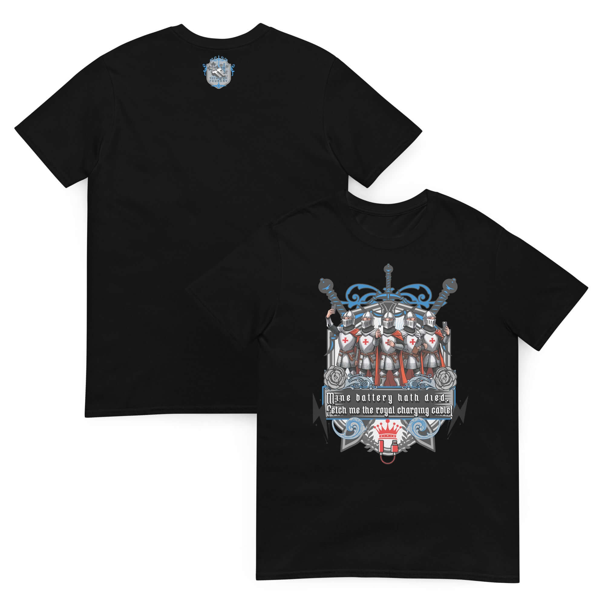Medieval Knights Tech T-shirt with "Mine Battery Hath Died" design, featuring crusader knights and heraldic shield, heather gray.