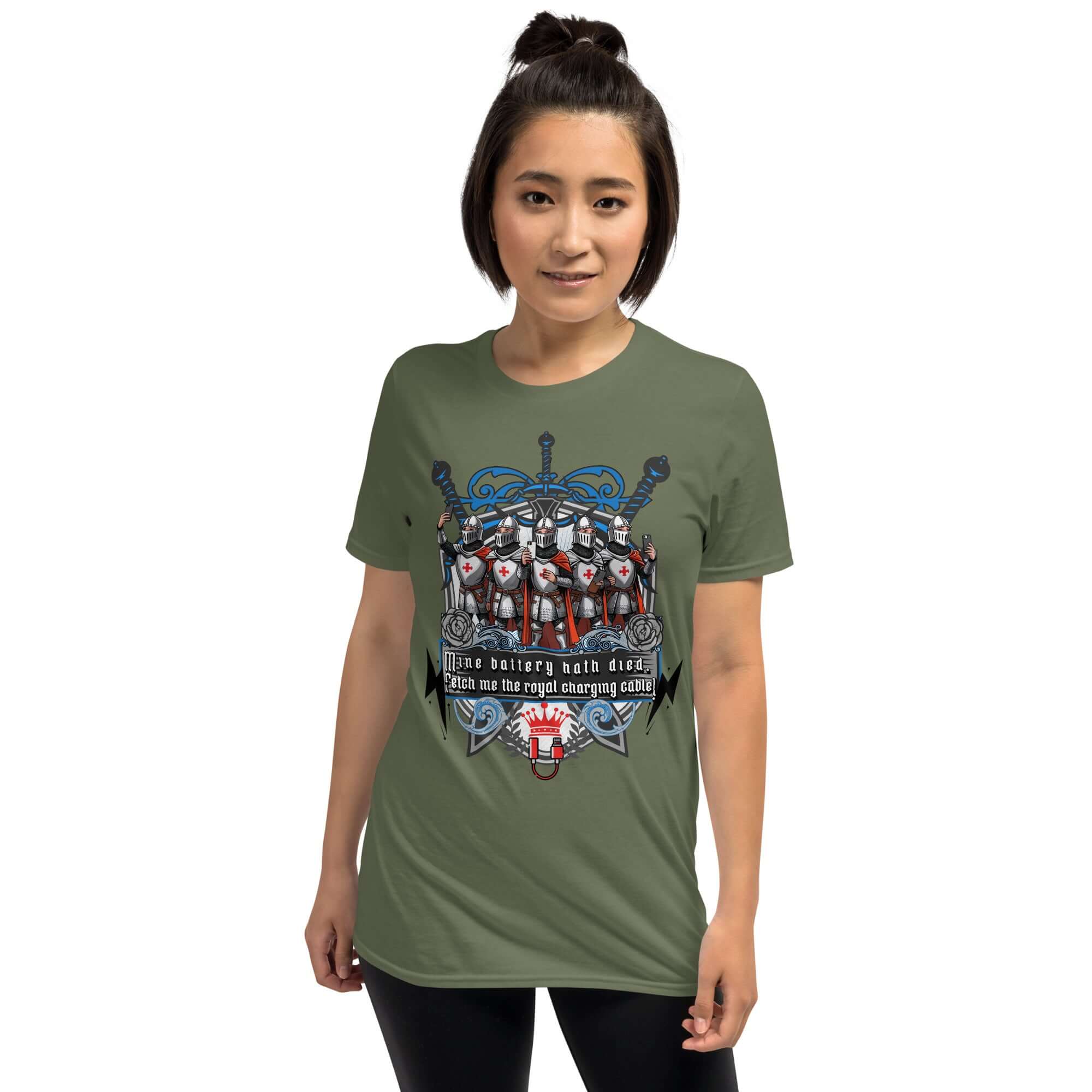 Medieval Knights Tech T-Shirt featuring knights and "Mine Battery Hath Died" design on a woman, perfect for tech-savvy history lovers.