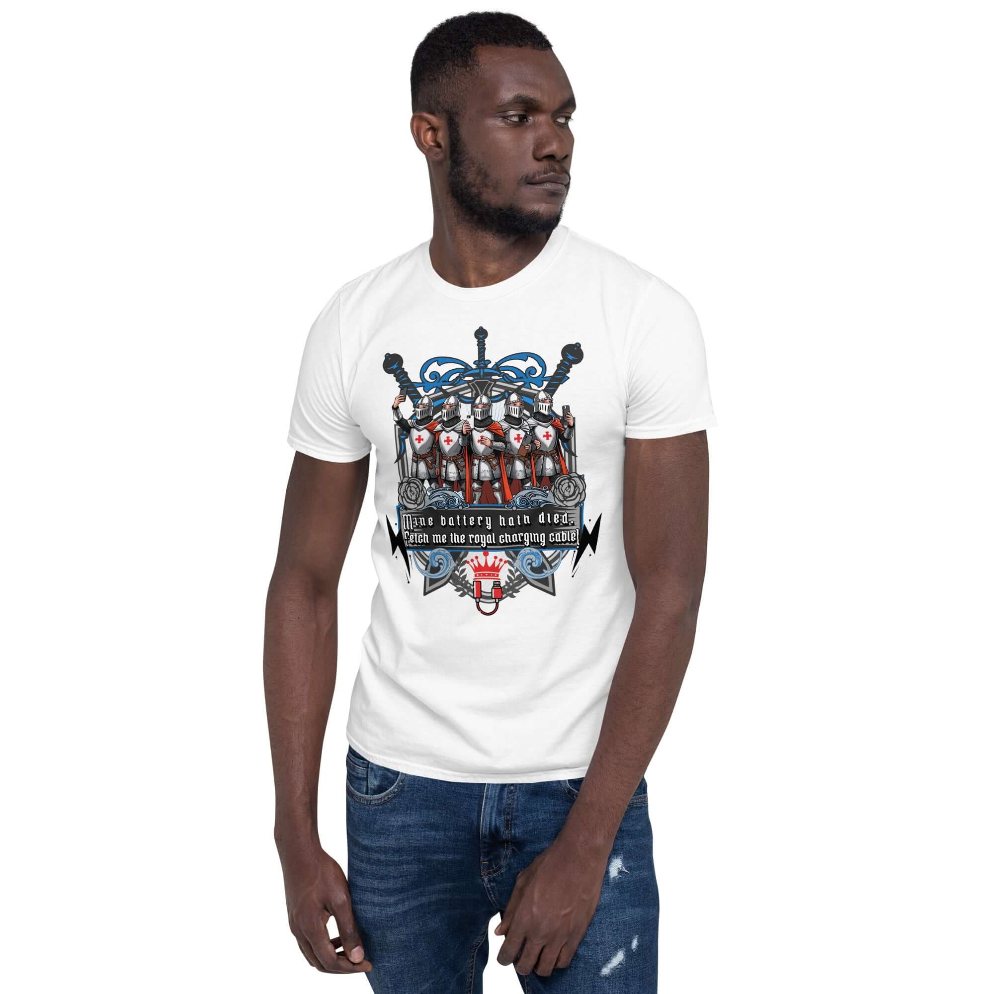 Man wearing a 'Mine Battery Hath Died' medieval knights tech t-shirt with heraldic shield design, heather gray.