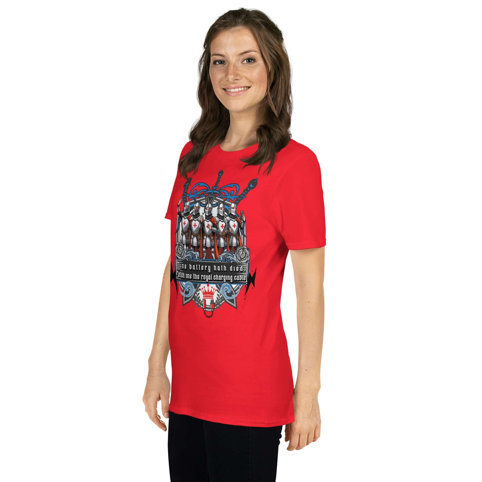 Person wearing red t-shirt with medieval knights and heraldic shield design, "Mine Battery Hath Died."