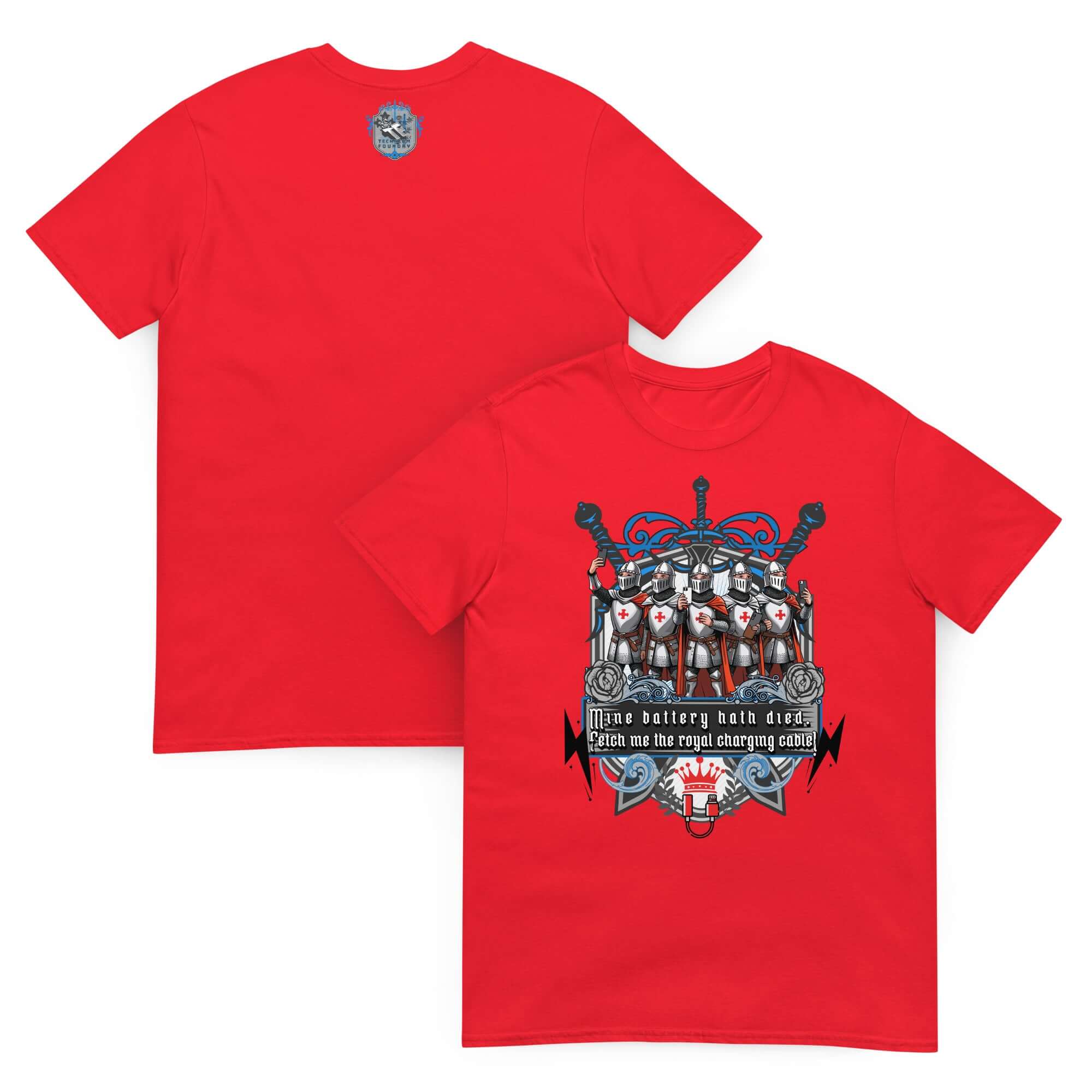 Red t-shirt featuring medieval knights and "Mine Battery Hath Died" design, blending historical flair with modern tech humor.