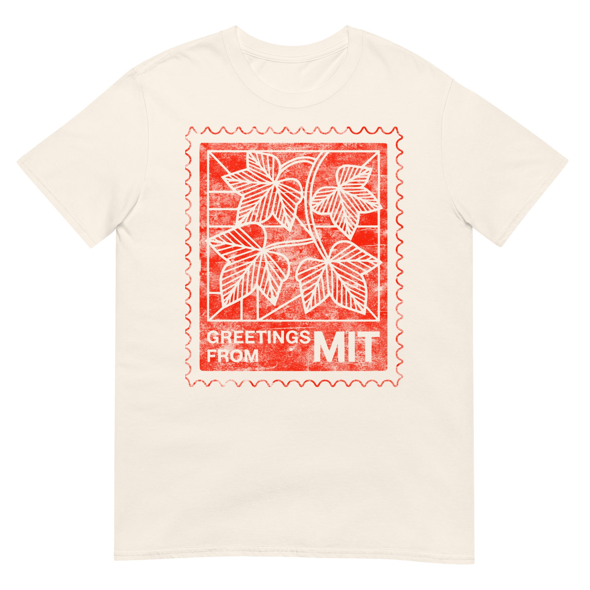 MIT T-Shirt with Vintage Postage Stamp Design, featuring "Greetings from MIT" and leaf motif, perfect MIT university merchandise.