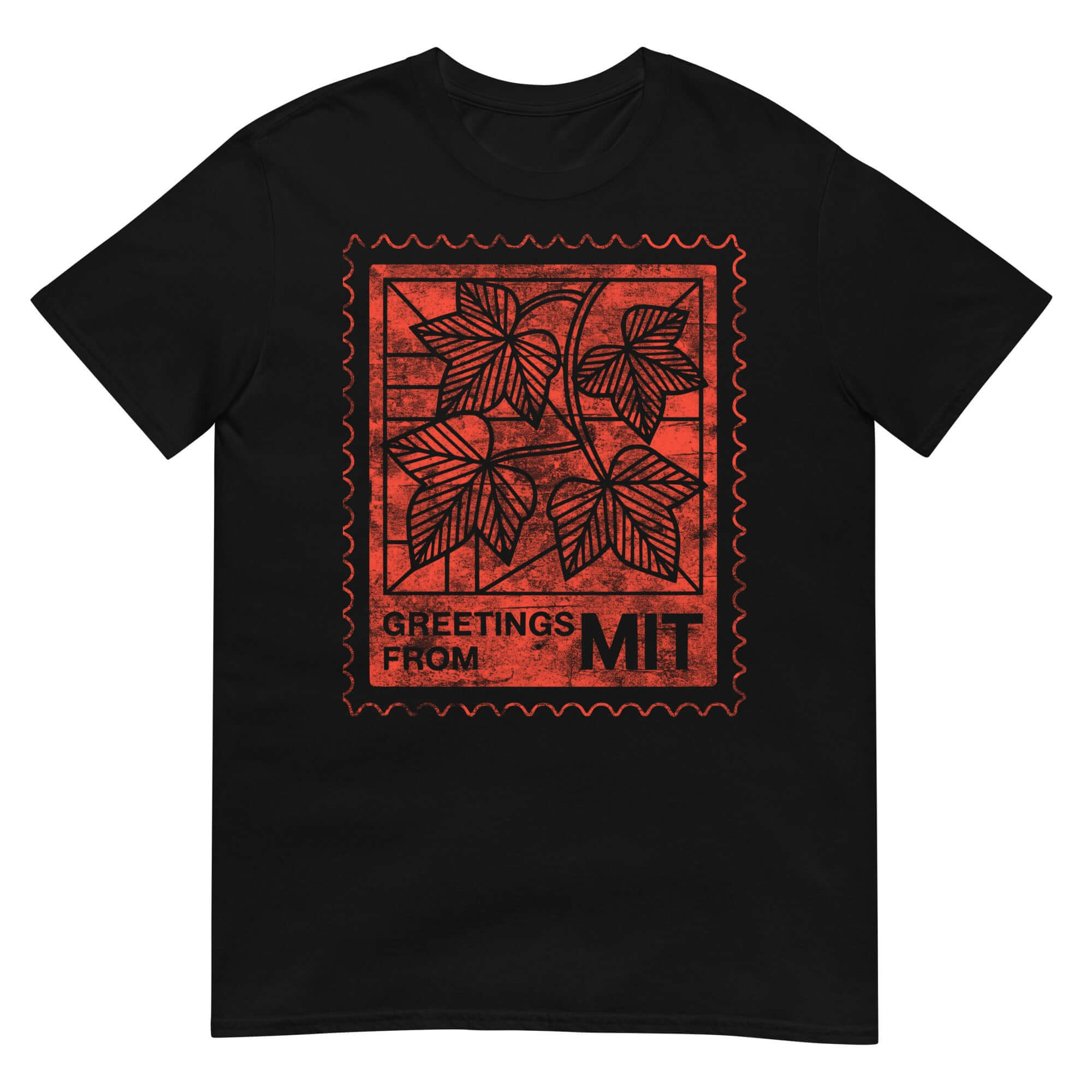 MIT T-Shirt with vintage postage stamp design, featuring red and black print. Perfect academic gift or university apparel.