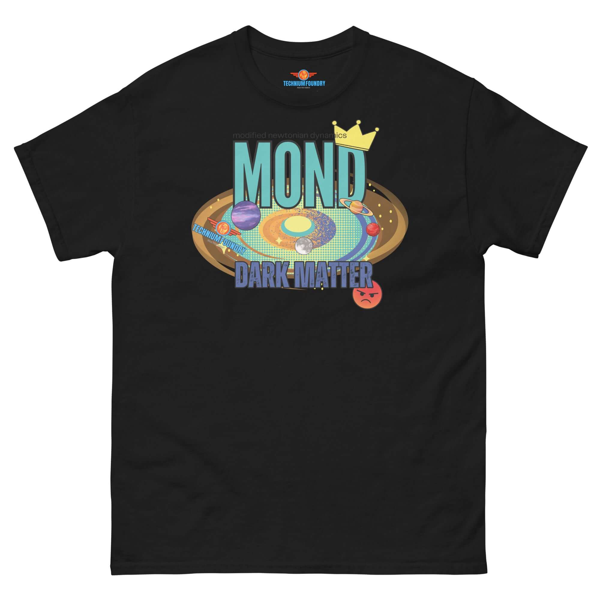 "MOND vs Dark Matter tee from Science & Tech Apparel Collection by Technium Foundry, featuring cosmic design and crown graphic."