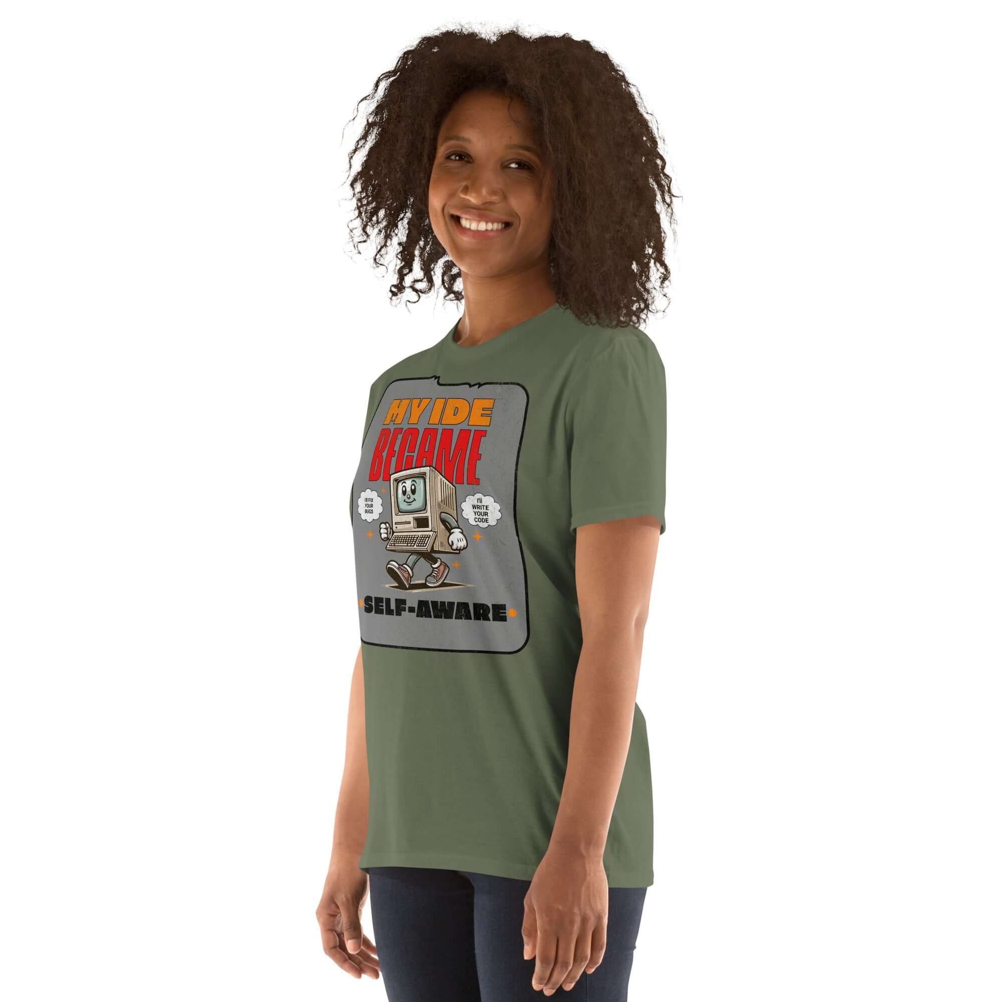 Woman wearing 'My IDE Became Self-Aware' T-shirt with cute computer AI design, expressing coding humor in casual style.