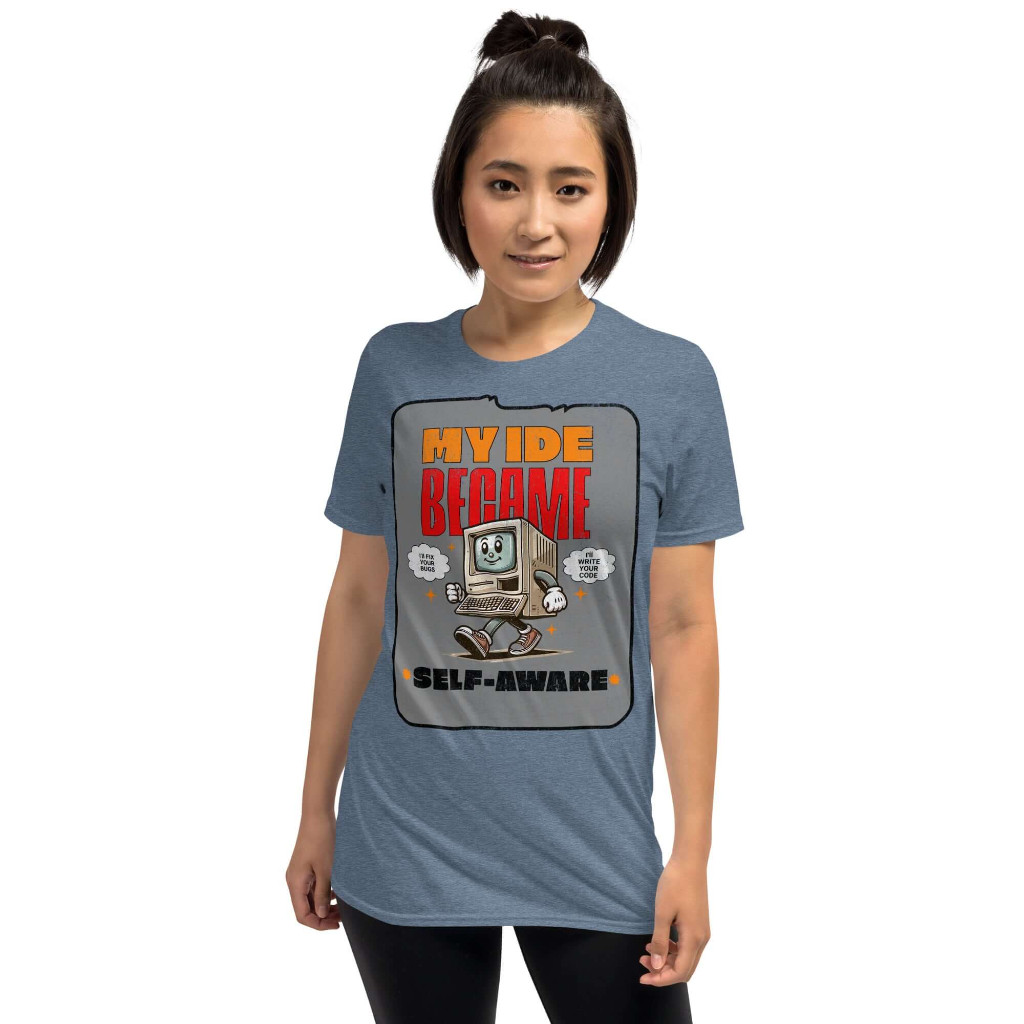 Woman wearing 'My IDE Became Self-Aware' T-shirt with a cute vintage computer design and AI theme, blue shirt.